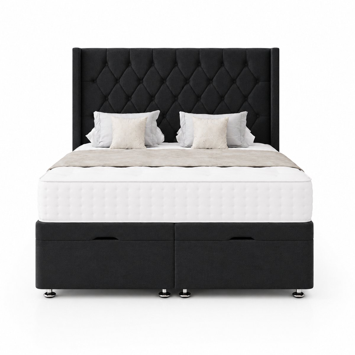 Comfy Deluxe Zoro 5ft King Size Plush Velvet End Lift Ottoman Bed Set - Grey