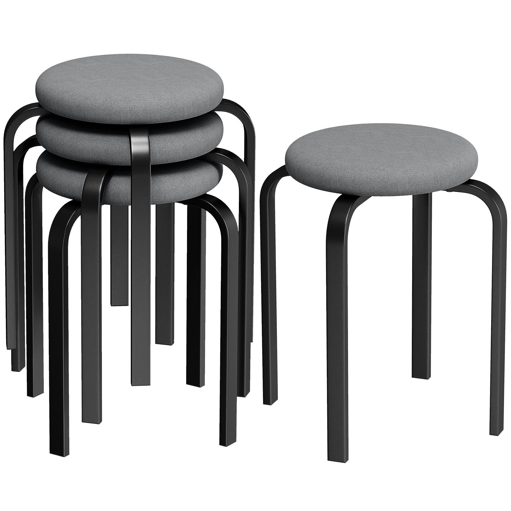 HOMCOM Set of 4 Stackable Cushioned Stools – Dark Grey