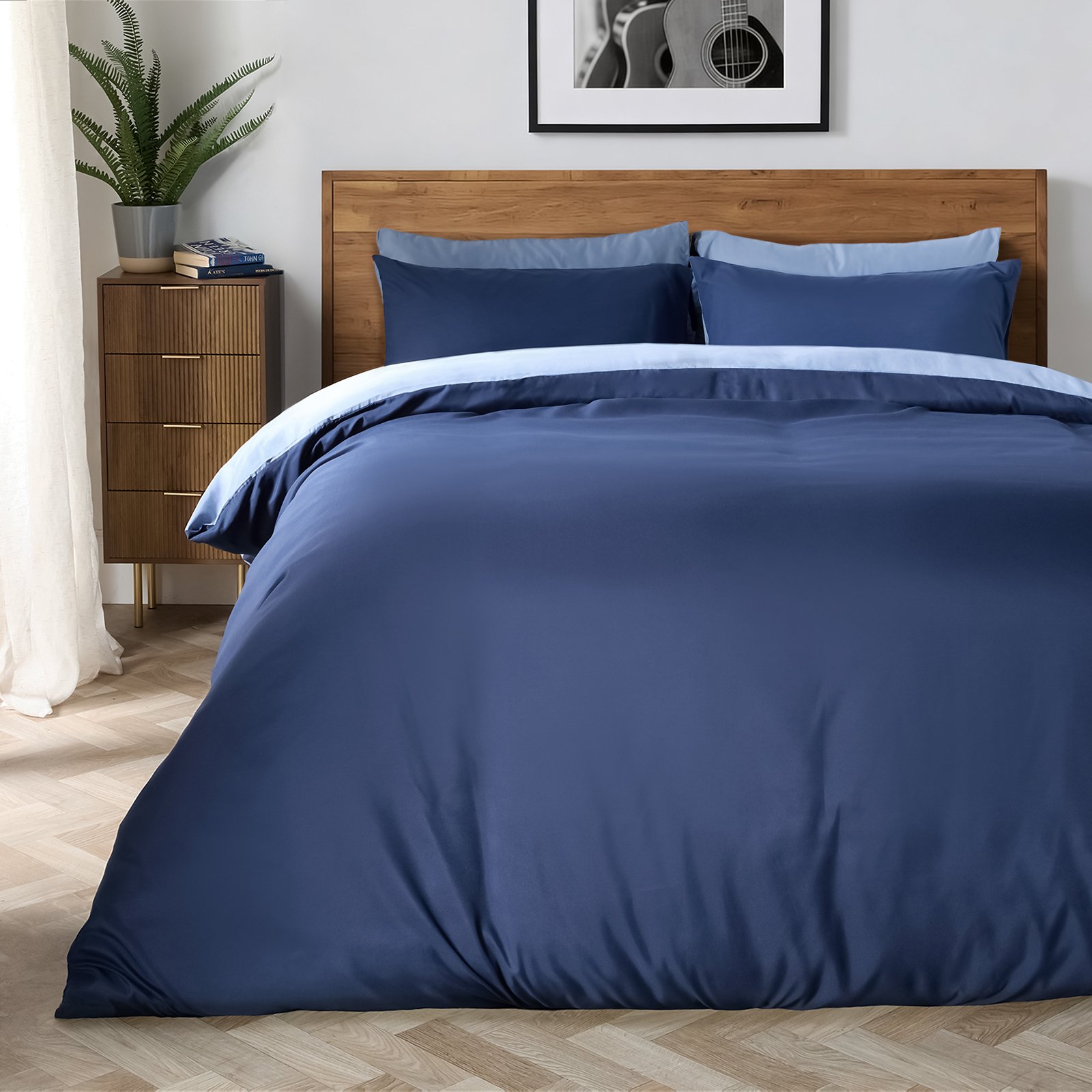 OHS Plain Dyed Reversible Duvet Cover Set Navy/Blue - Single