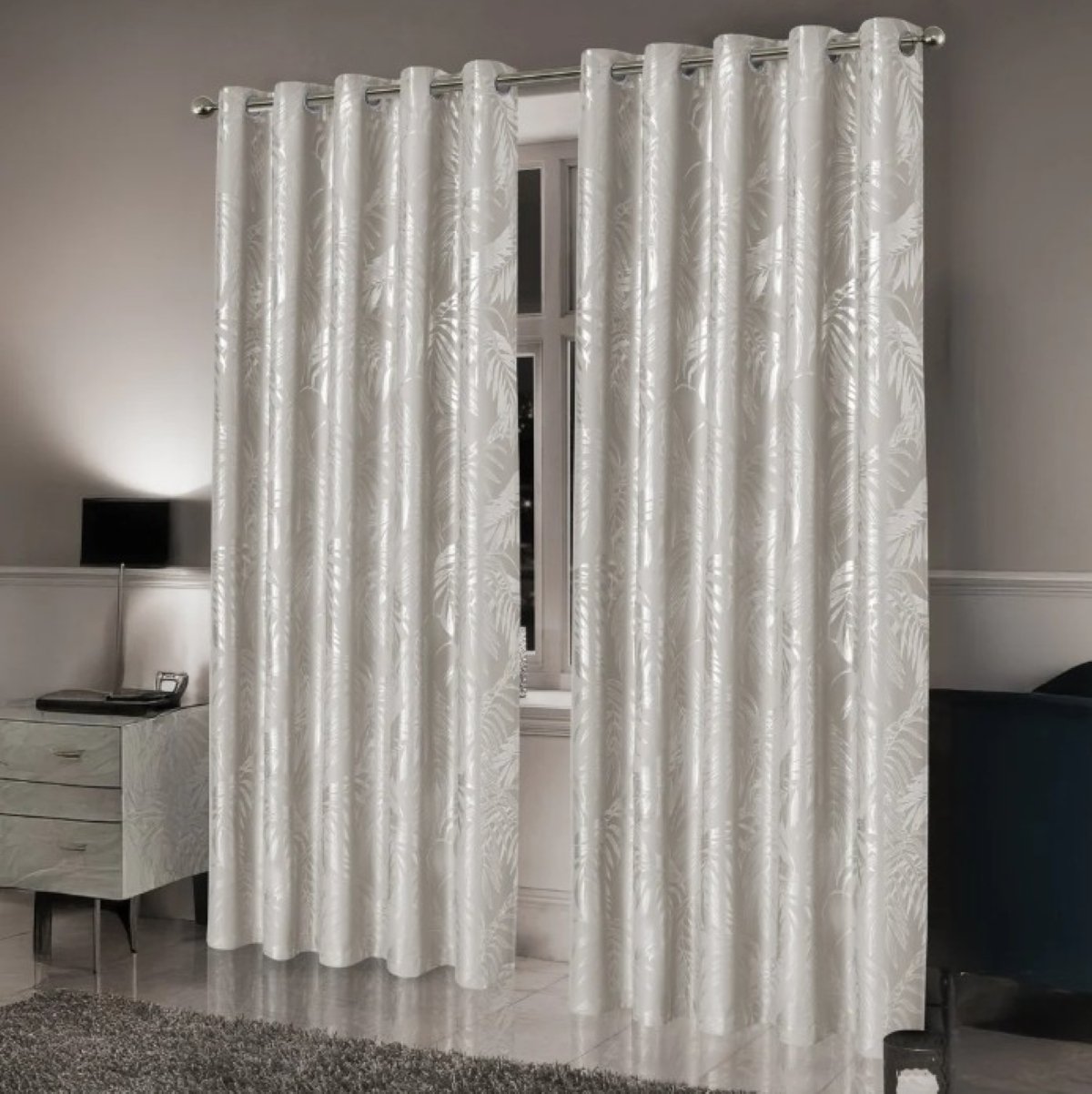 New Edge Blinds Natural Leaf Sparkle Blackout Eyelet Curtains - 167cm x 229cm