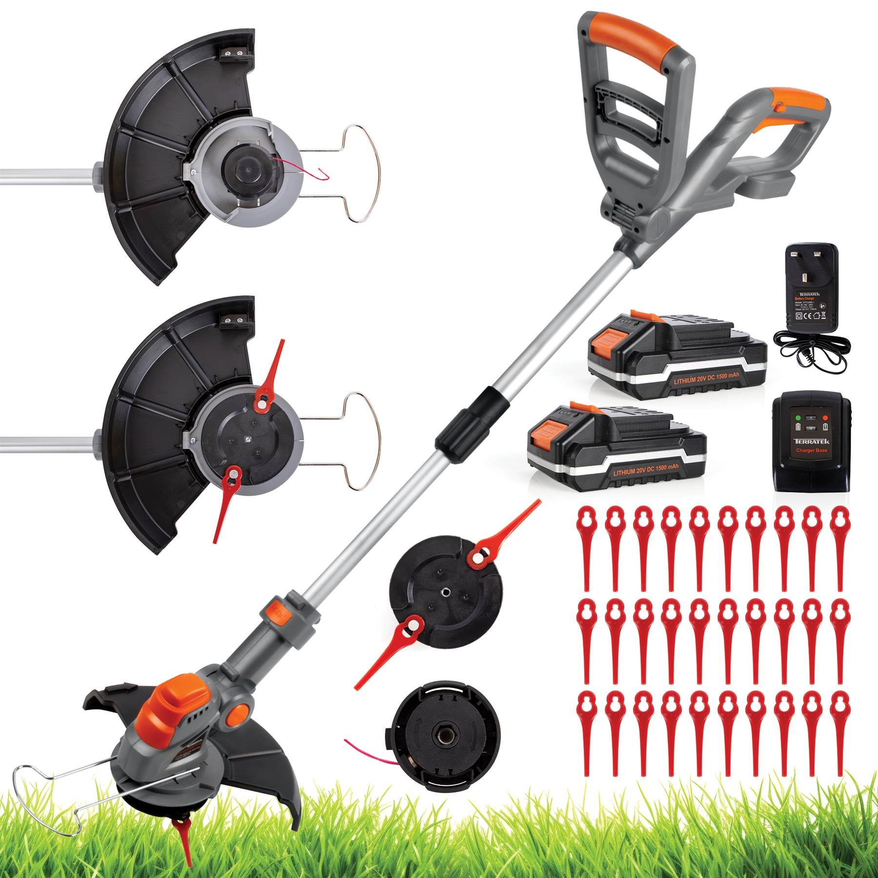 Terratek 20V Cordless 2-in-1 Grass Trimmer with 2 Batteries & Fast Charger