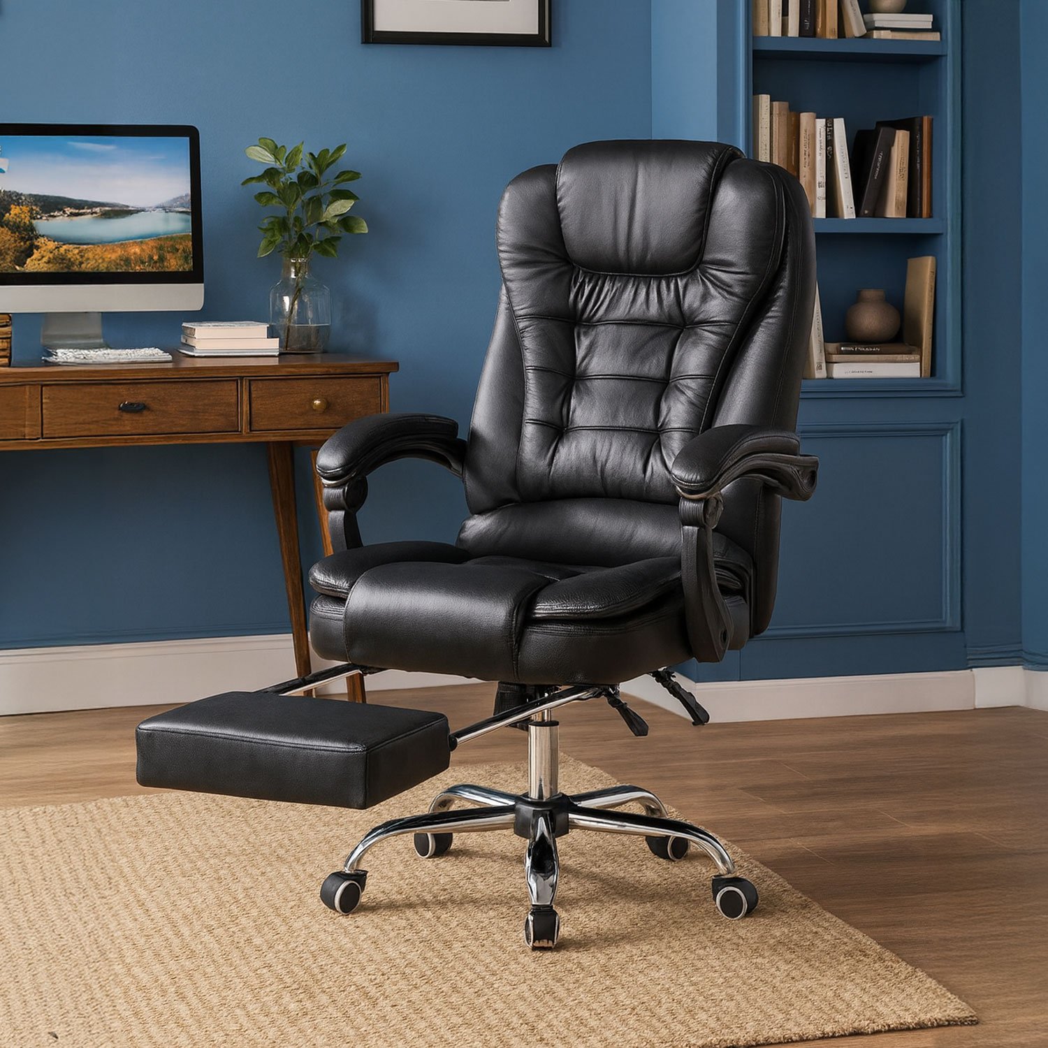 Neo Faux Leather Computer Recliner Massage Chair With Footrest - Black