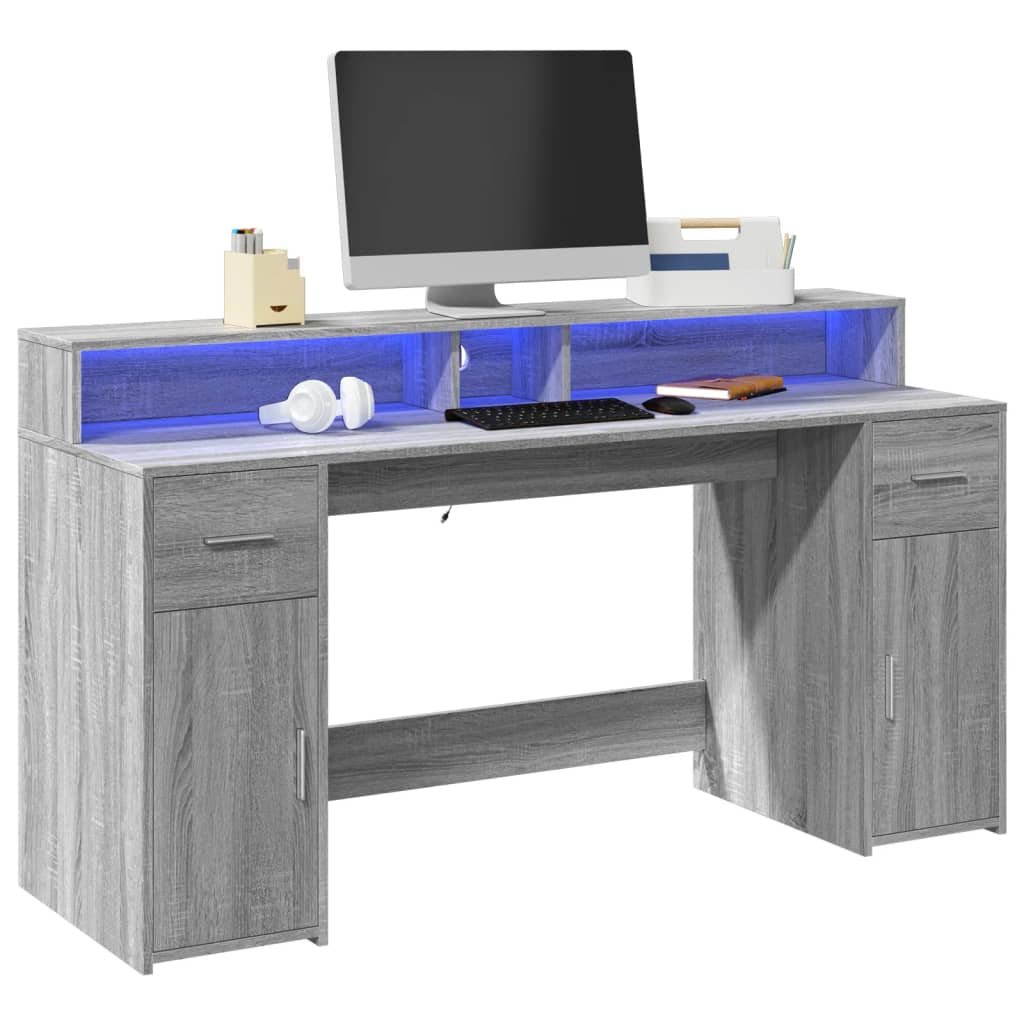 Walplus LED Engineered Wood Desk - Grey and Oak - 160 x 55 x 91 cm