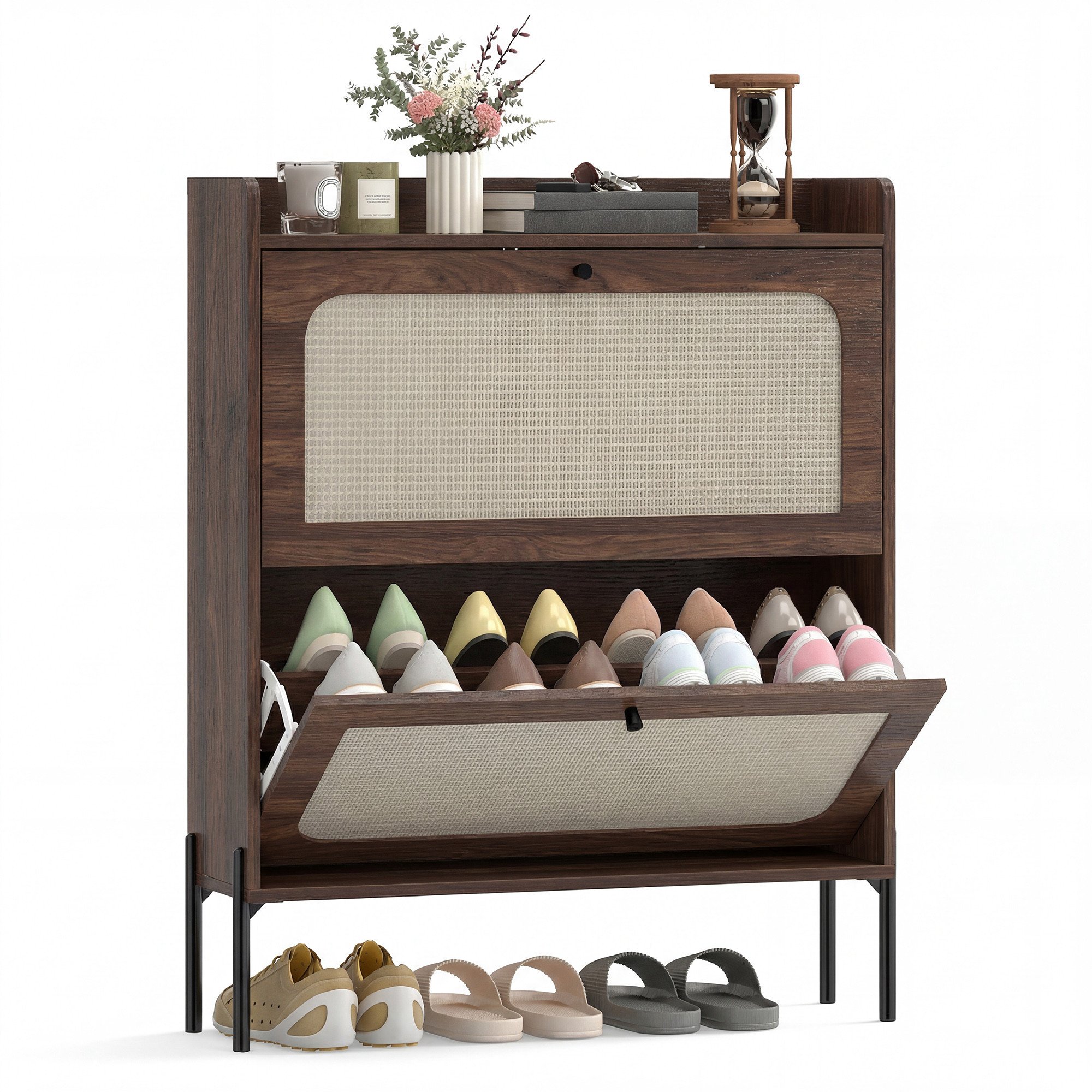 HOMCOM 2 Flip Drawers Shoe Cabinet with Rattan Door- Dark Brown