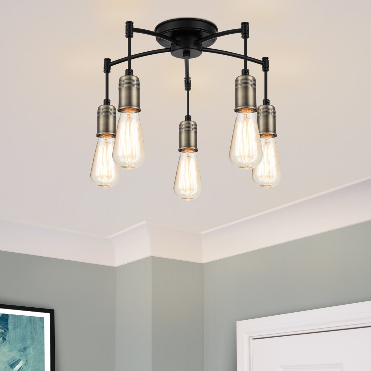 Cosylyte Linton Industrial 5 Light Ceiling Light - Antique Brass and Black