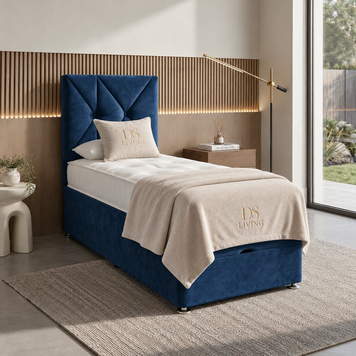 DS Living Eclipse Single Velvet Ottoman Bed Frame - Dark Blue