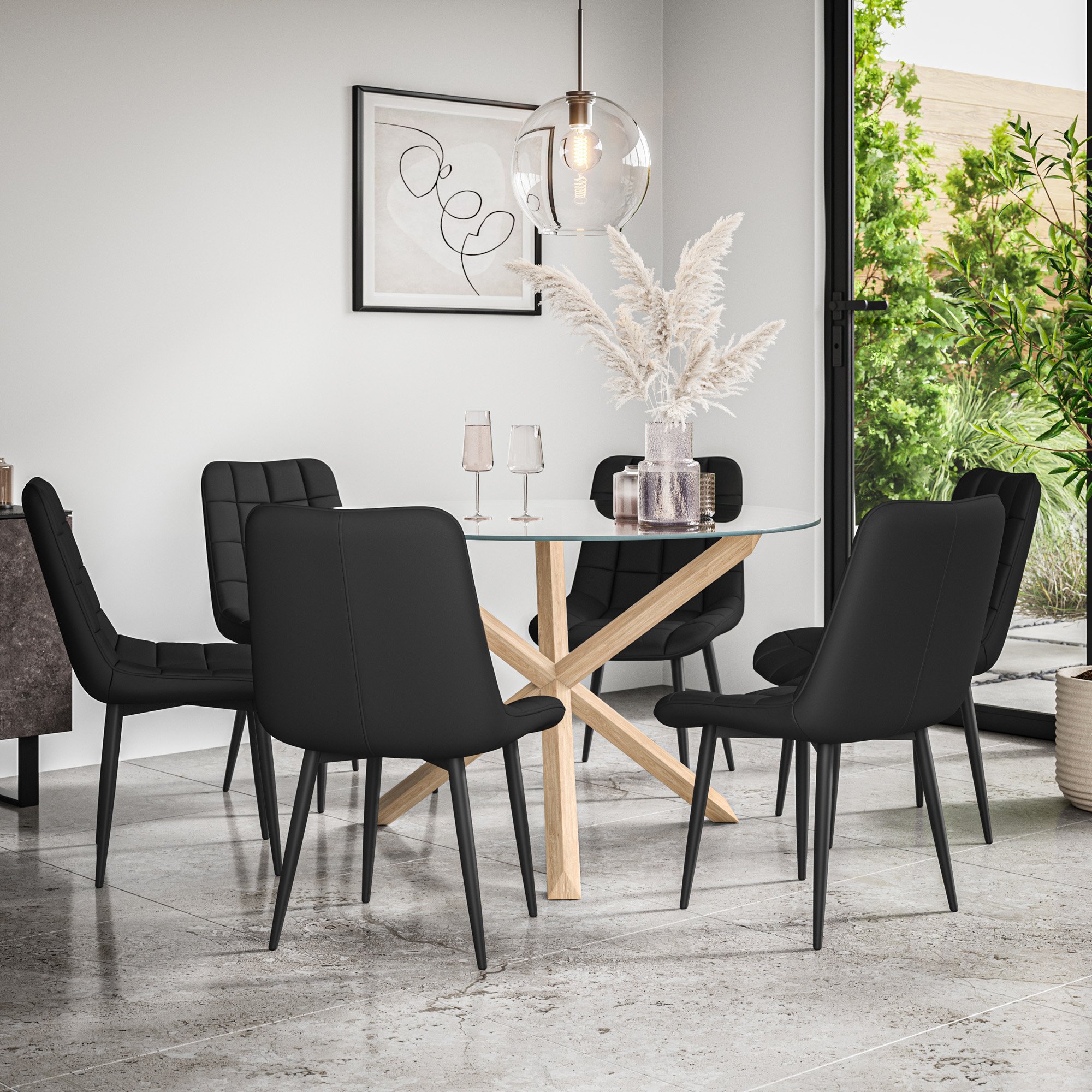 Furniture Online Malvern Nova Glass Top Dining Table & 6 Black Chairs