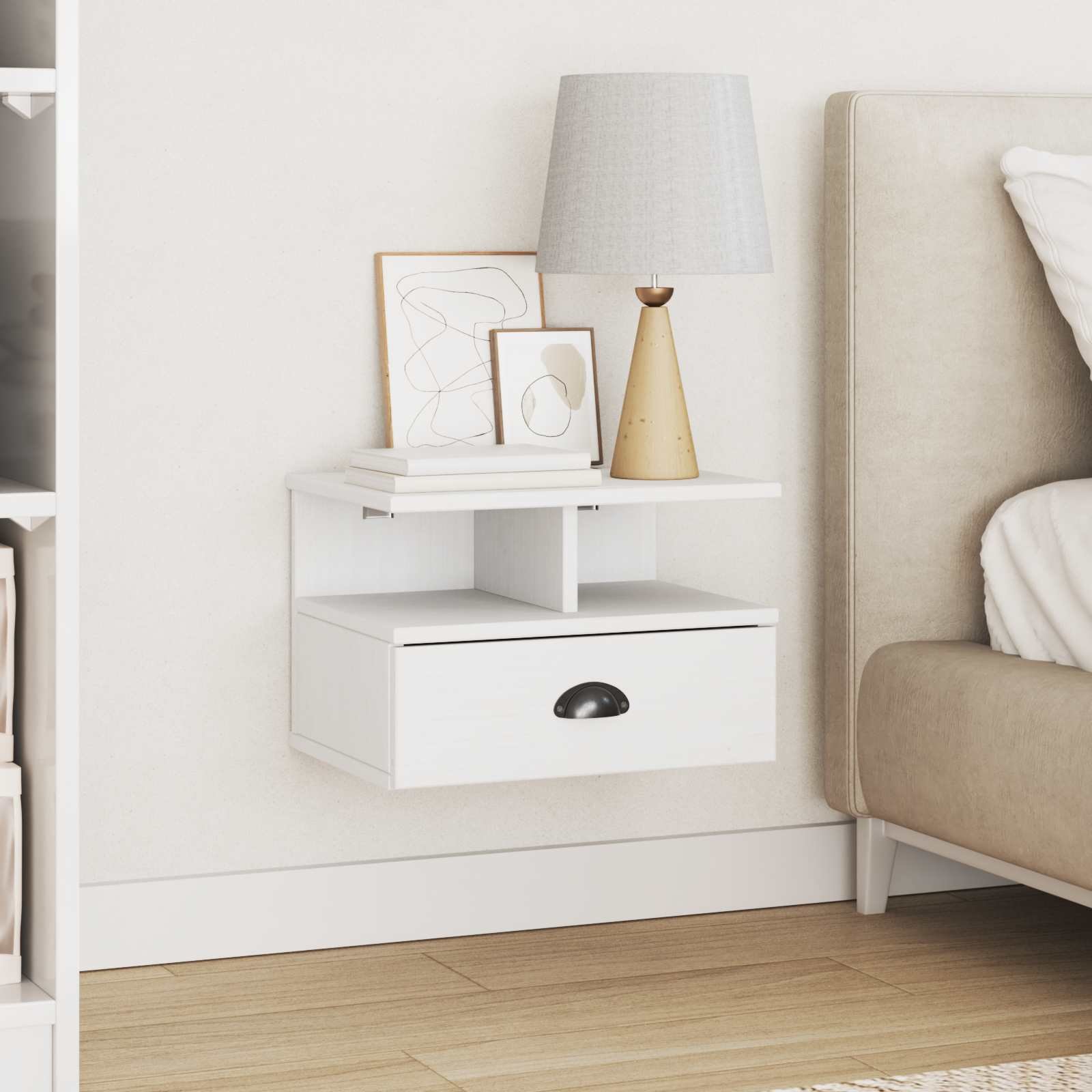 Walplus Solid Pine Bedside Cabinet - White - 40 x 31 x 27 cm