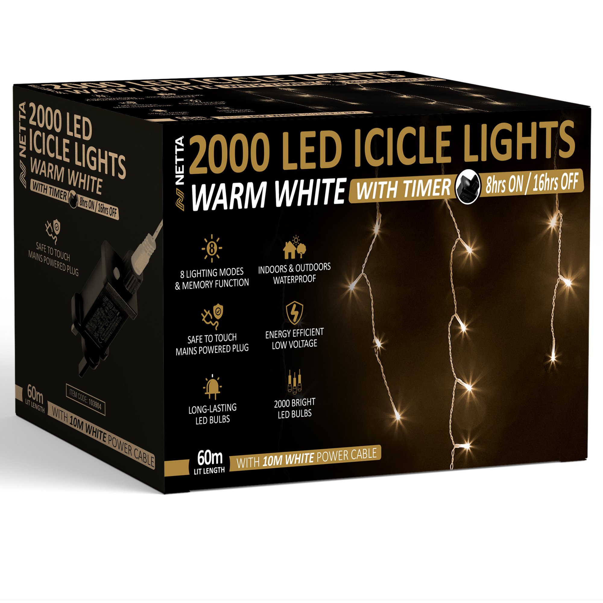 NETTA 60m 2000 LED Outdoor Icicle Christmas Lights with Timer - Warm White