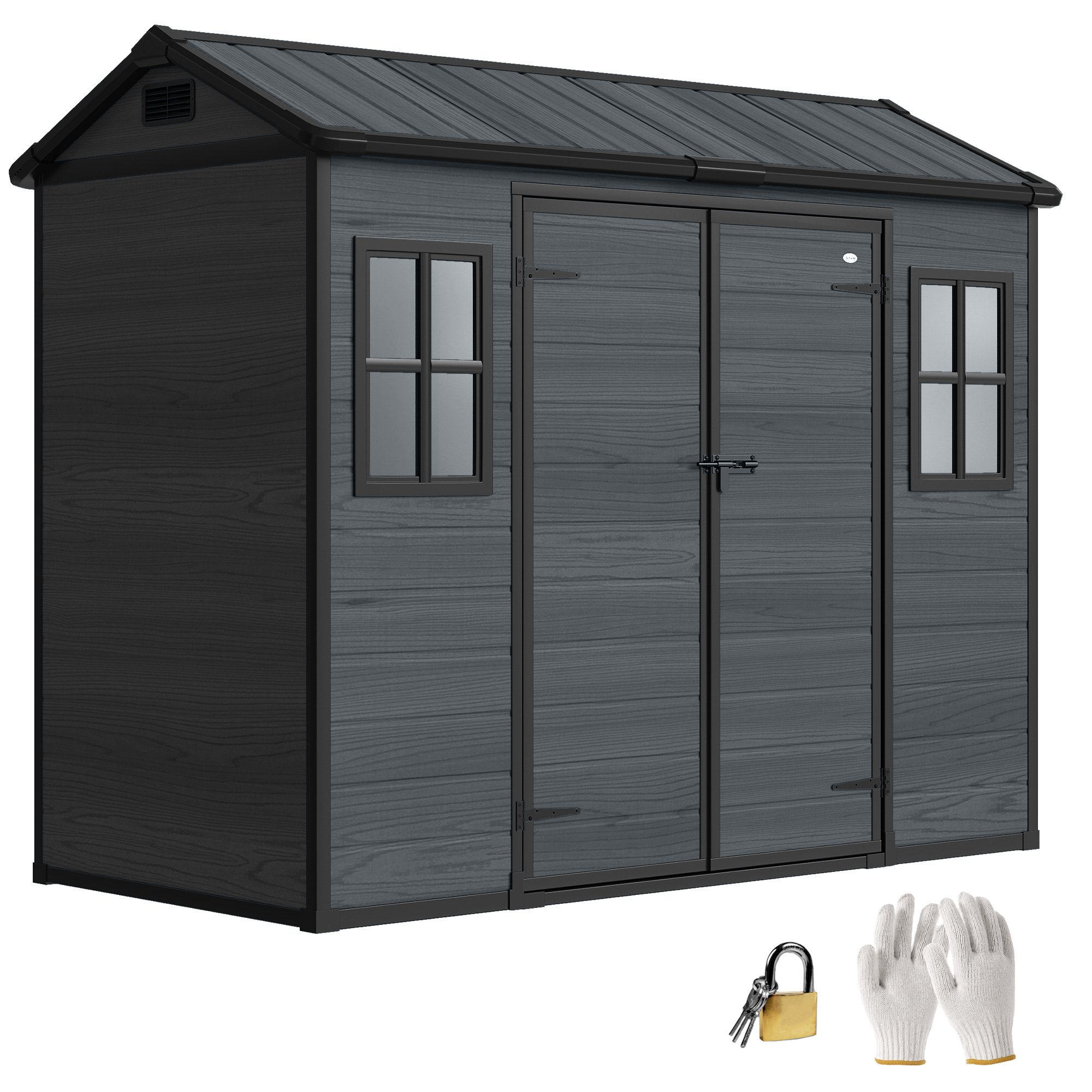 Outsunny Resin Wood Effect Lockable Vented Garden Shed – Dark Grey