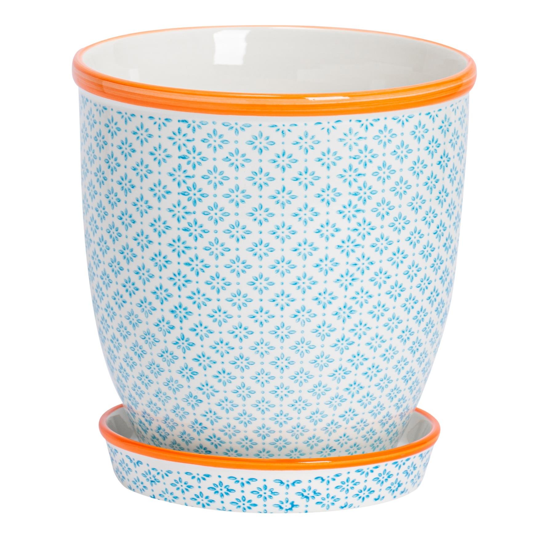 Nicola Spring Hand-Printed Plant Pot with Saucer - Blue