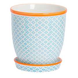 Nicola Spring Hand-Printed Plant Pot with Saucer - Blue