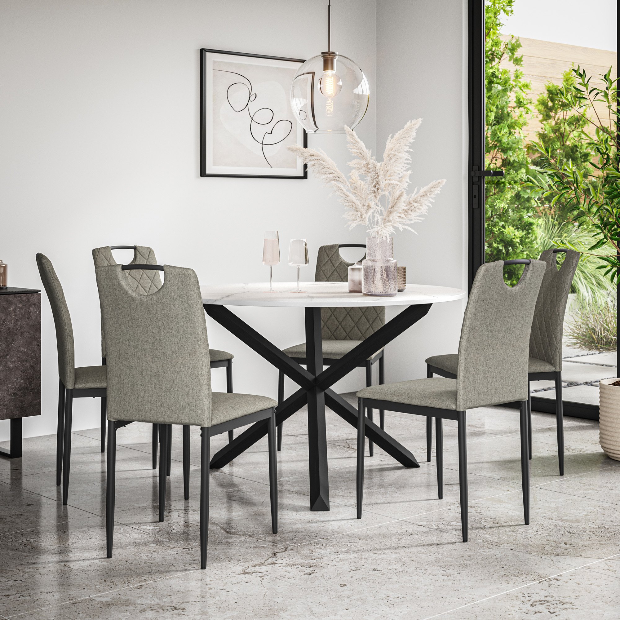 Furniture Online Malvern Monza Marble Top Dining Table & 6 Grey Chairs