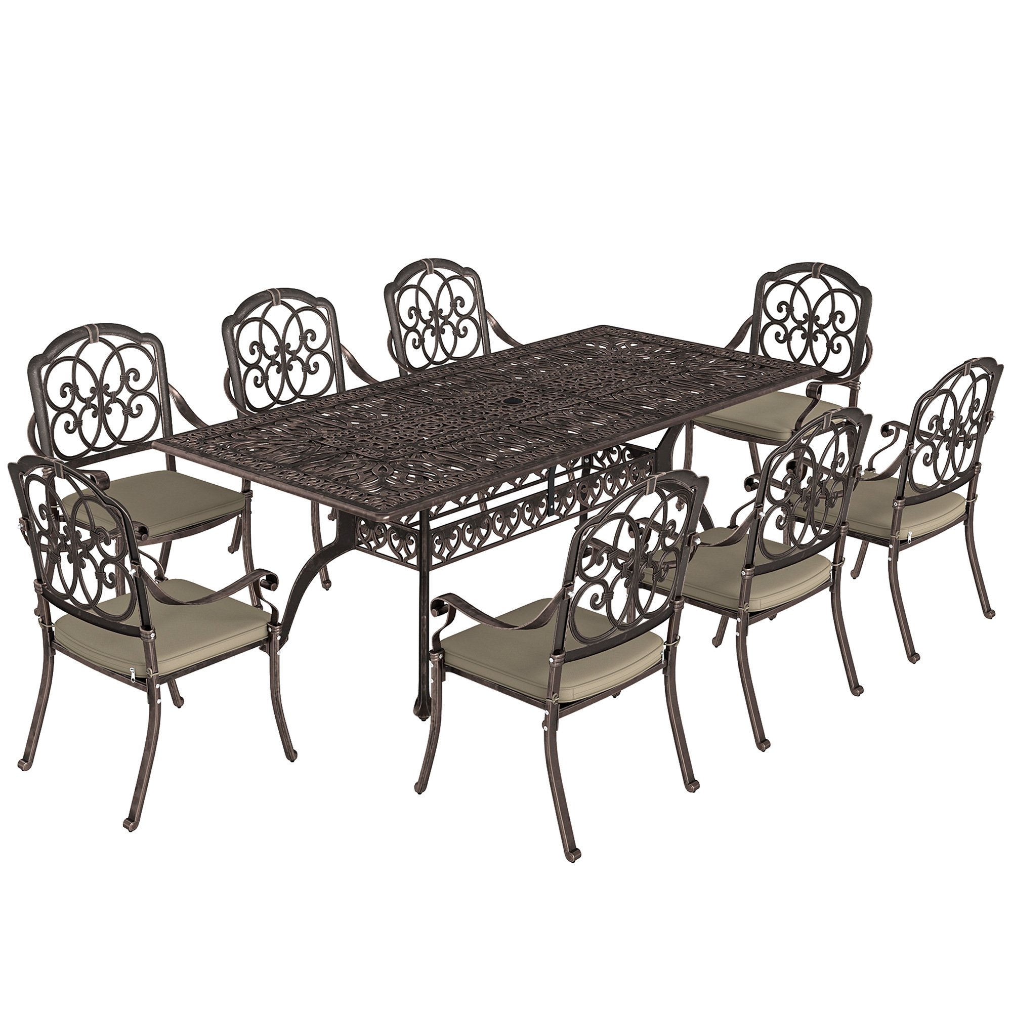 Outsunny Cast Aluminium Garden Dining Set with Cushion- Bronze