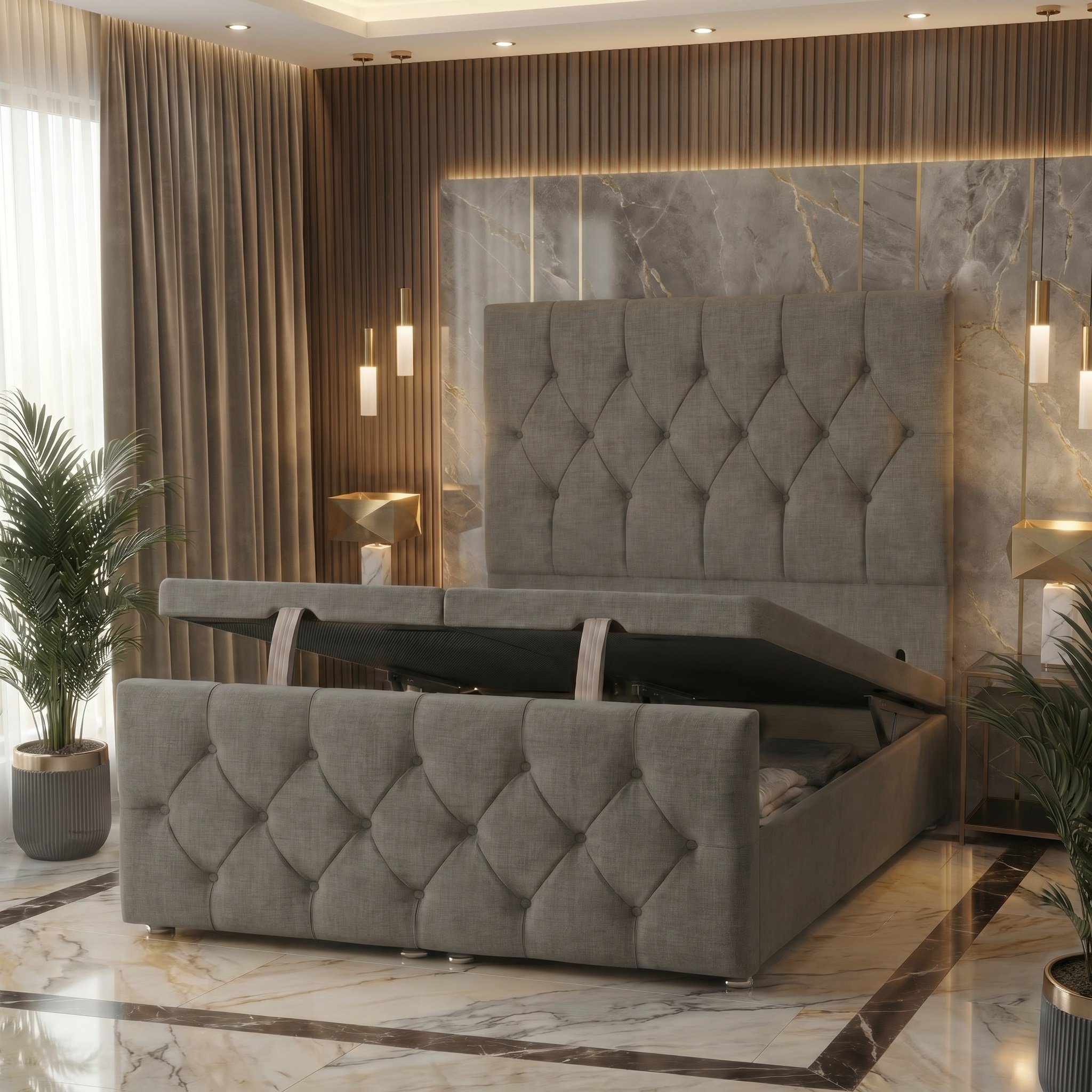 Somnior Chester Linen Super King Ottoman Divan Bed with Footboard - Silver