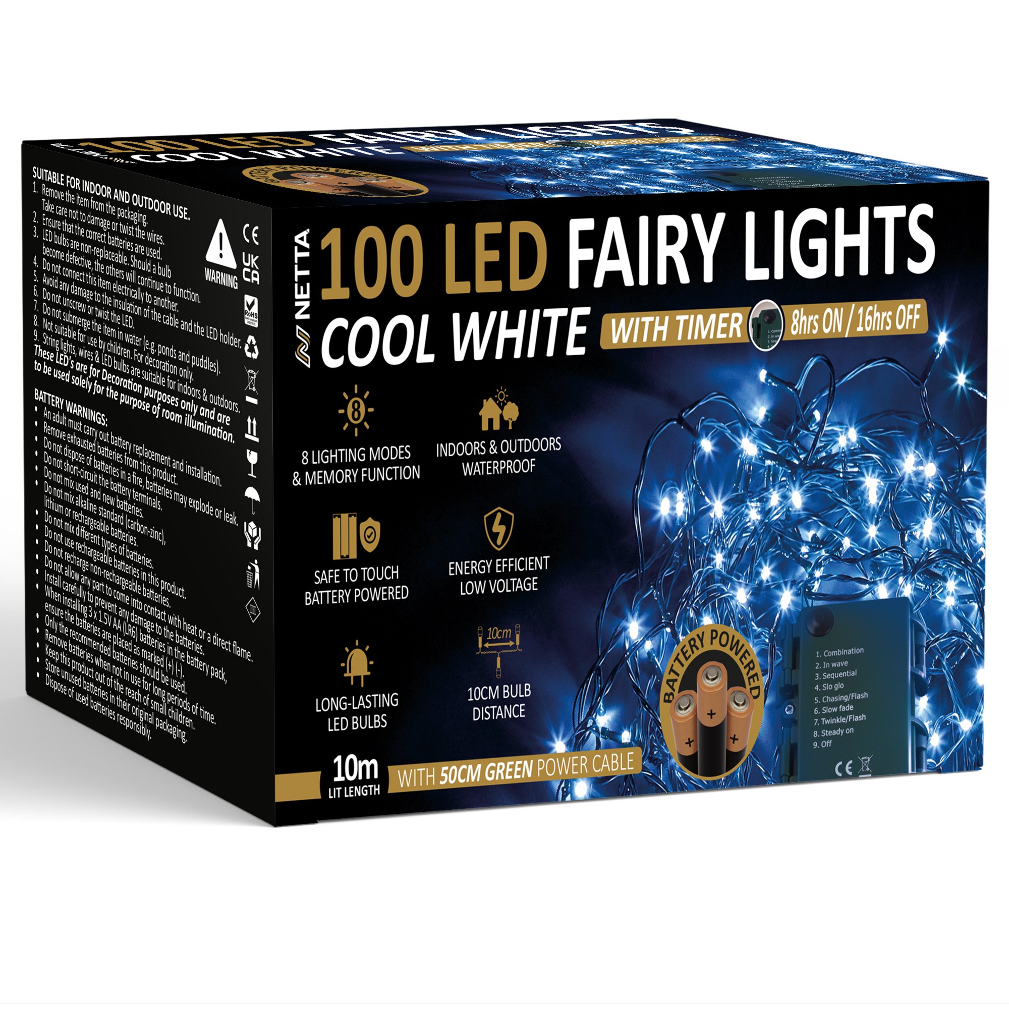 NETTA 10m 100 LED Battery Operated Christmas Fairy Lights - Cool White