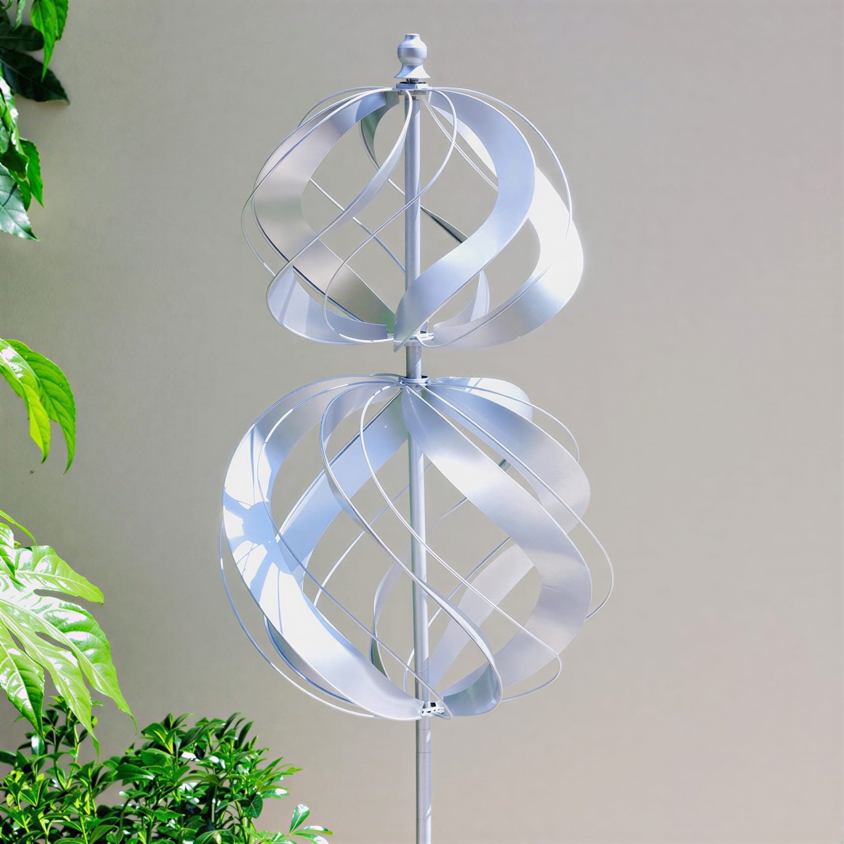 Primrose 45cm Two Sphere Metal Kinetic Wind Spinner Wheel - Silver