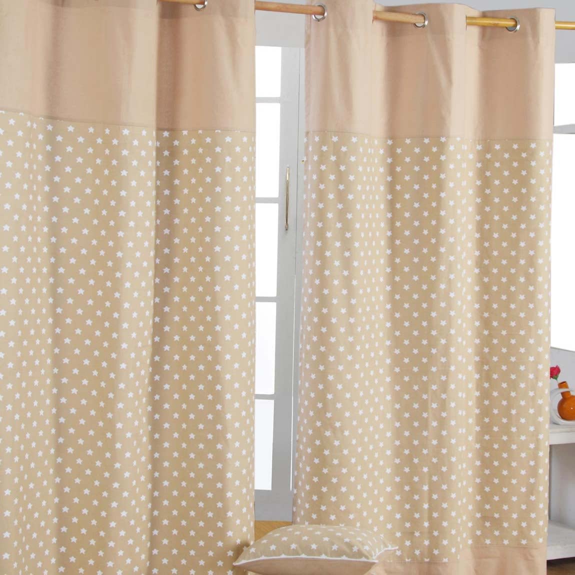 Homescapes Beige Cotton Stars Ready Made Eyelet Curtains - 117cm x 137cm