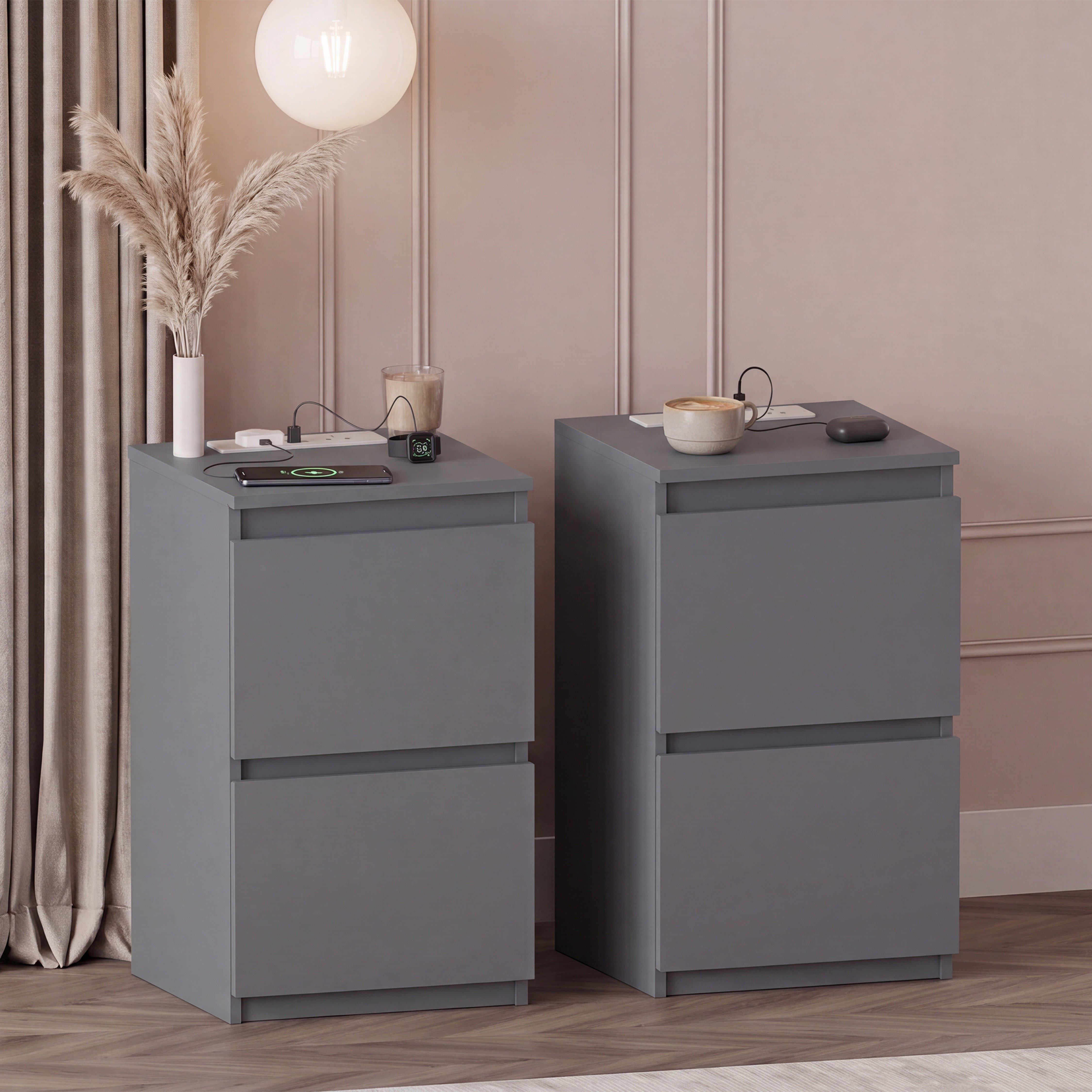 Vida Designs Denver 2 Drawer Bedside Chest With Power Outlet Set of 2 - Grey