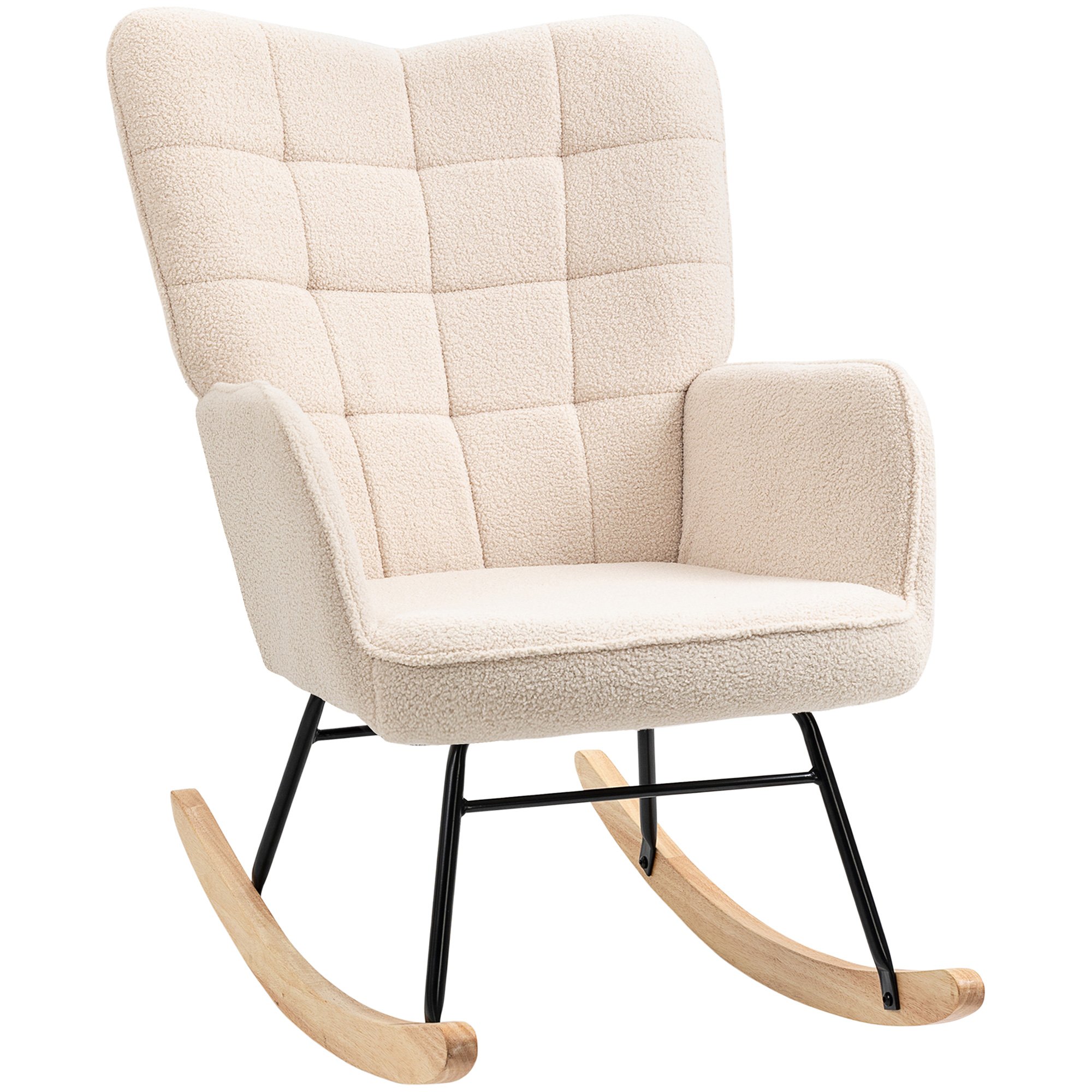 HOMCOM Fleece Wingback Rocking Chair with Wooden Base - Beige