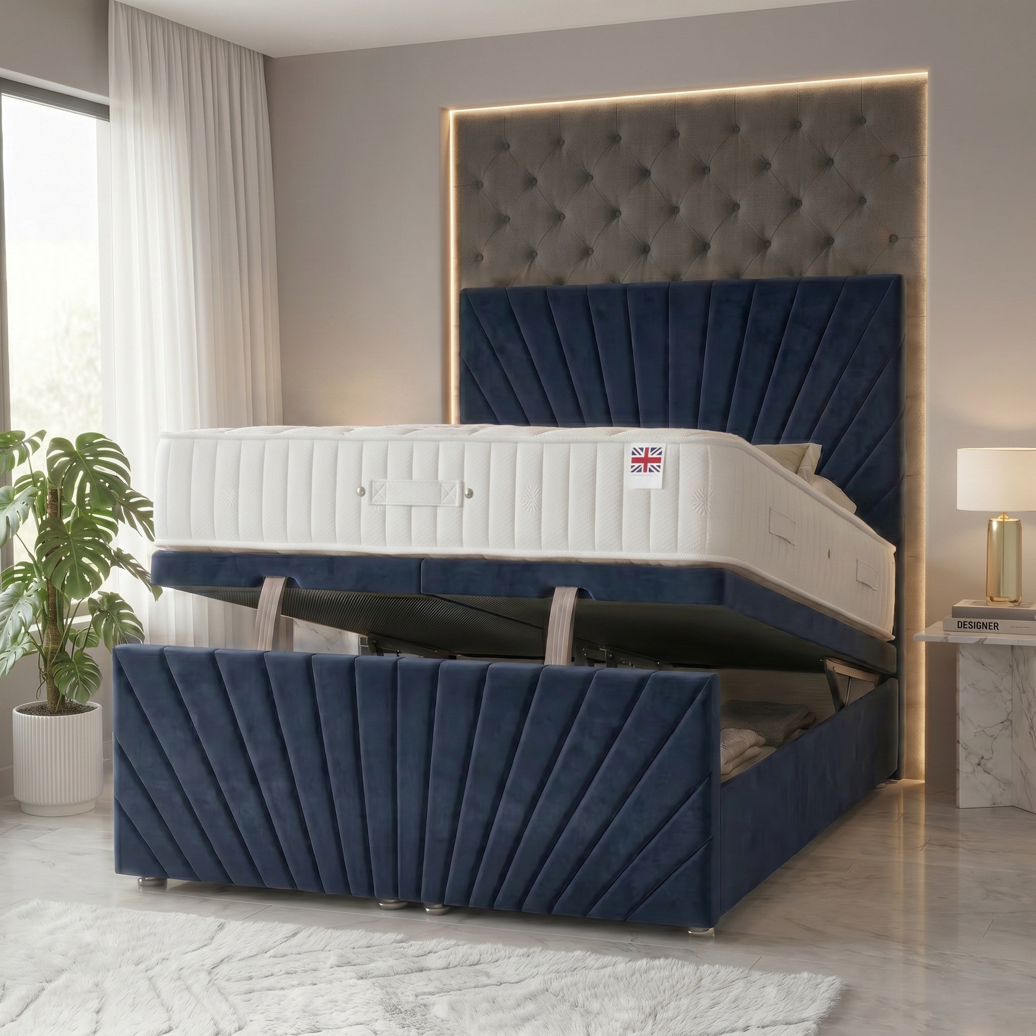 Somnior Velvet King Ottoman Divan Bed with Memory Mattress - Navy