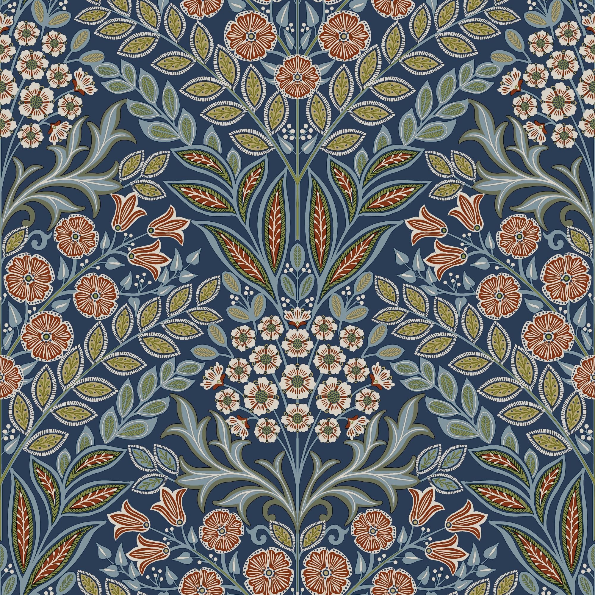 Grandeco Belevedere Arts and Crafts Floral Damask - Navy