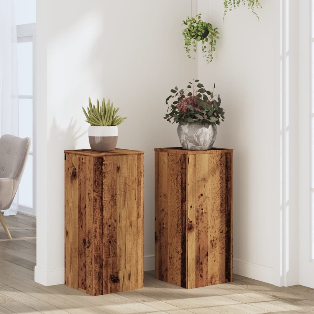 Walplus Pack of 2 Engineered Wood Plant Stand - Old Wood - 30 x 30 x 70 cm