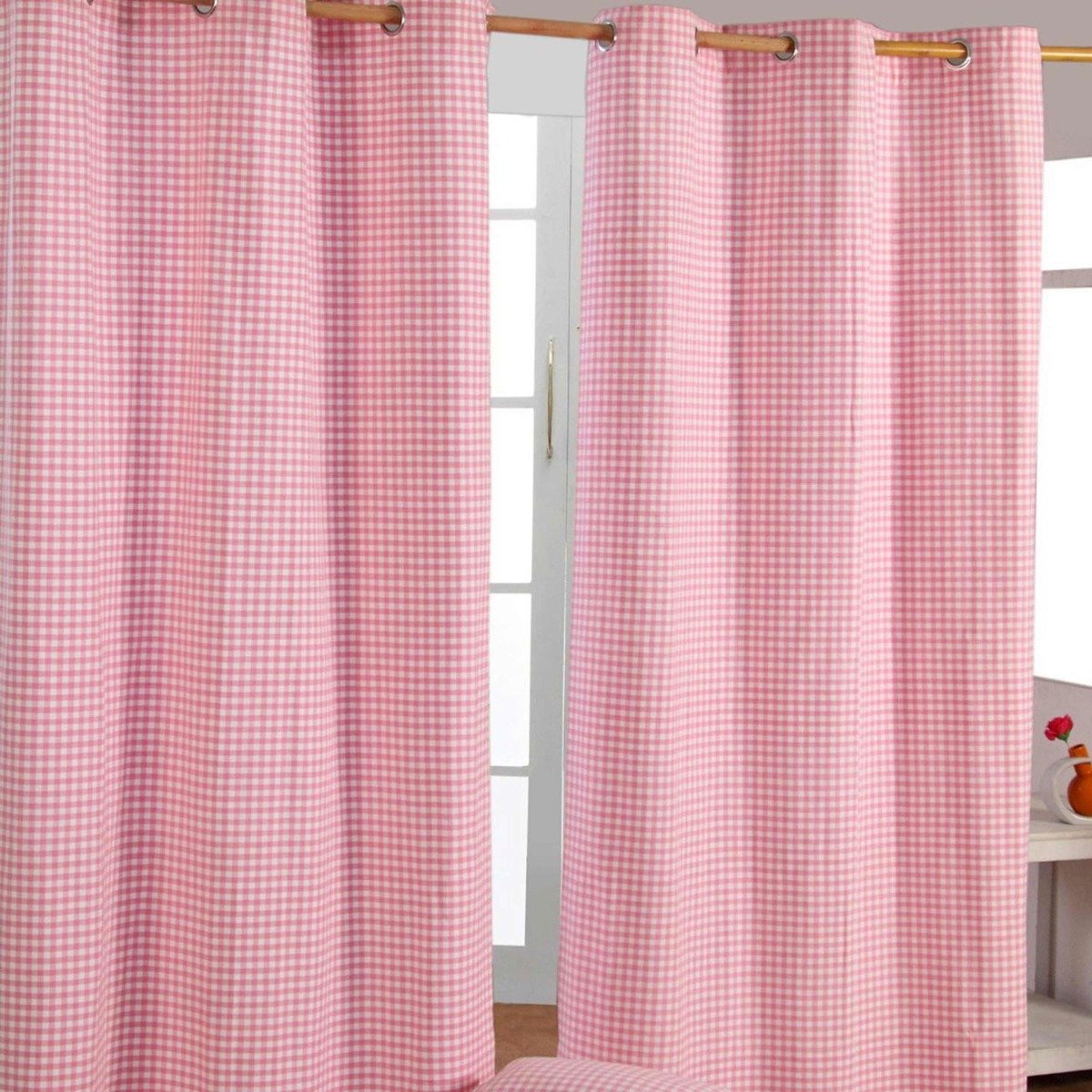 Homescapes Pink Cotton Gingham Eyelet Curtains - 117cm x 137cm