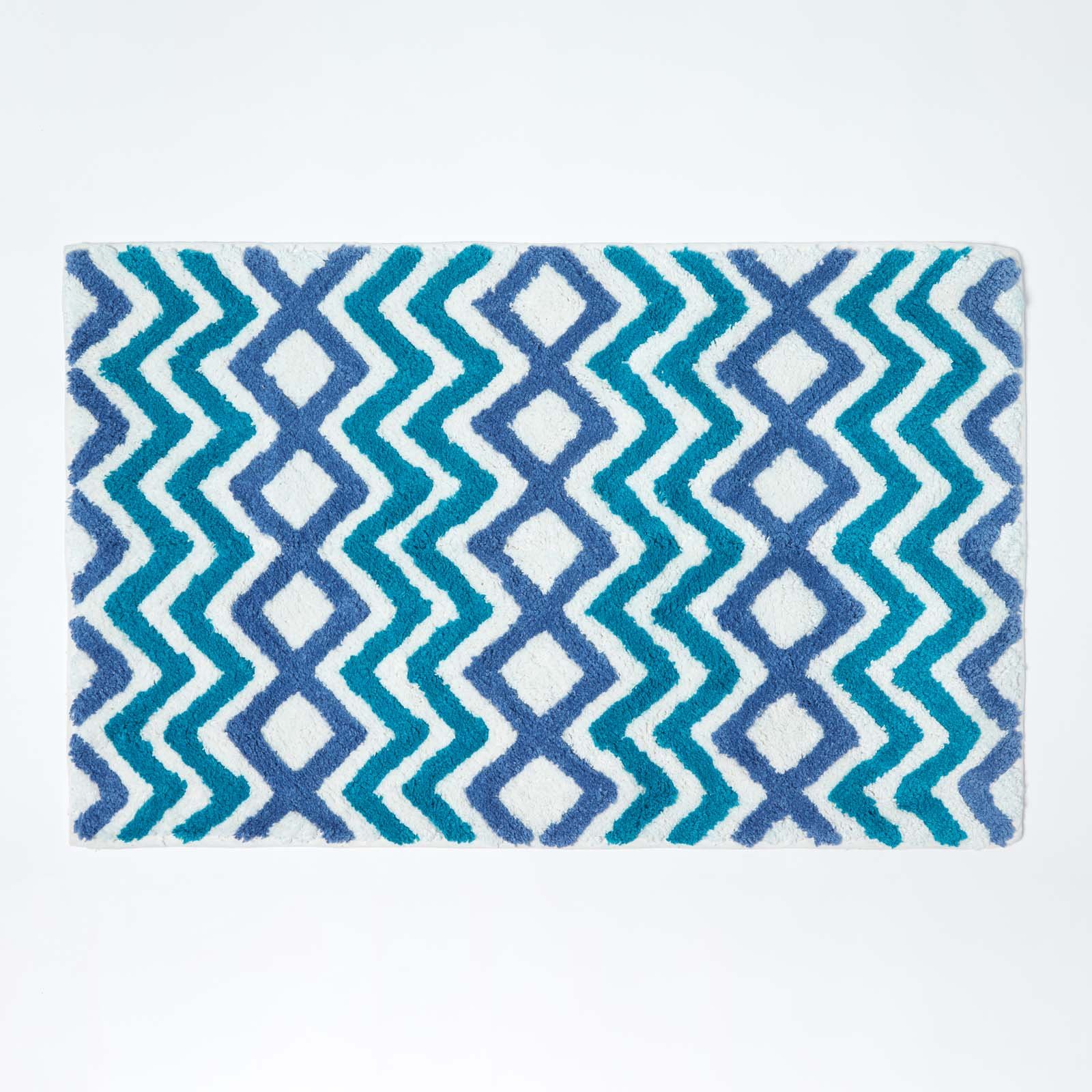 Homescapes Chevron Cotton Bath Mat - Teal and Blue