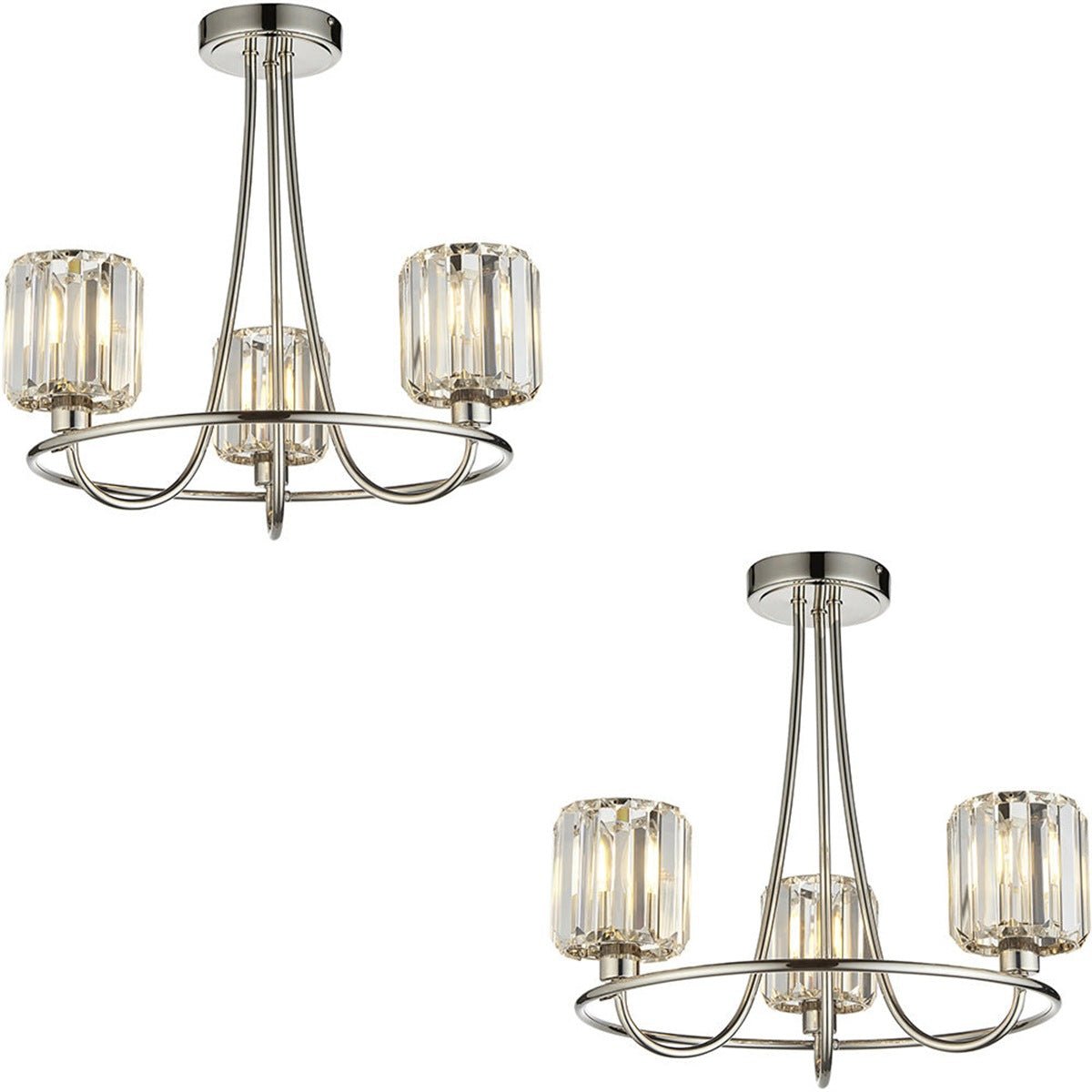 Loops Direct Set of 2 Steel and Glass LED Semi Flush Light - Bright Nickel