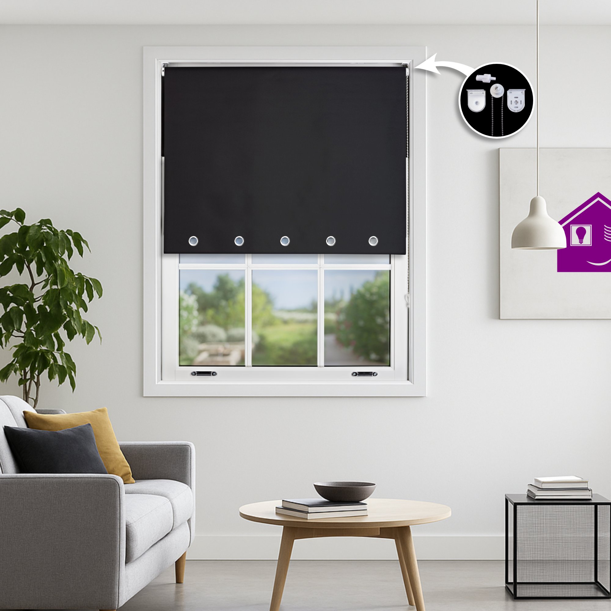 Furnished Black Blackout Roller Blind Round Eyelets - 60 x 165cm