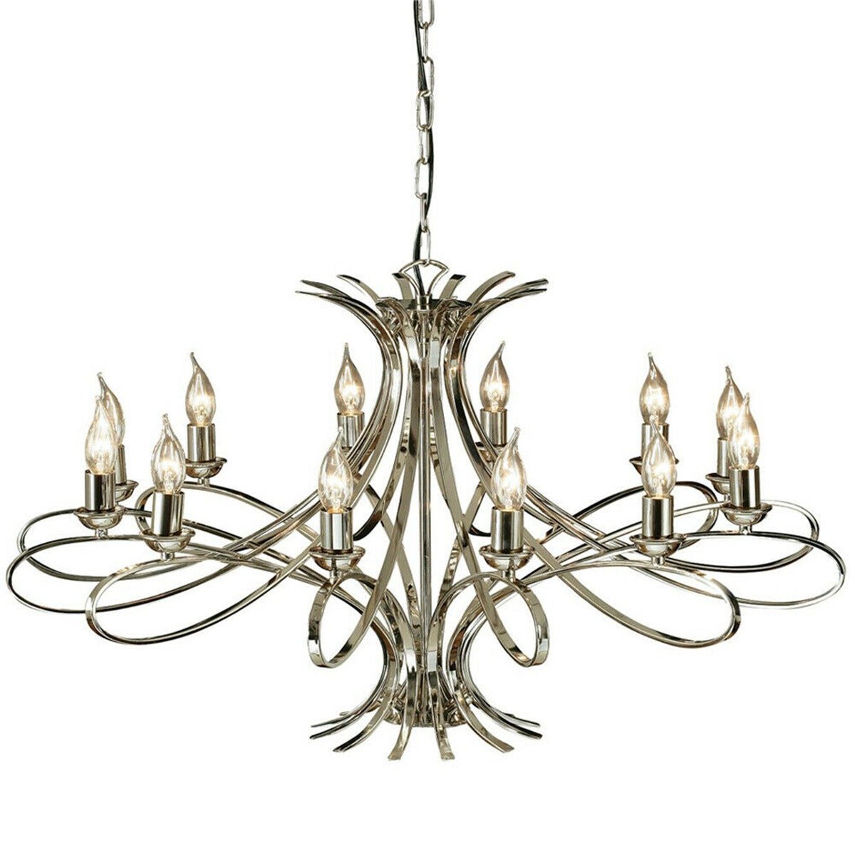 Loops Direct Steel 12-Light Hanging Pendant Chandelier - Polished Nickel