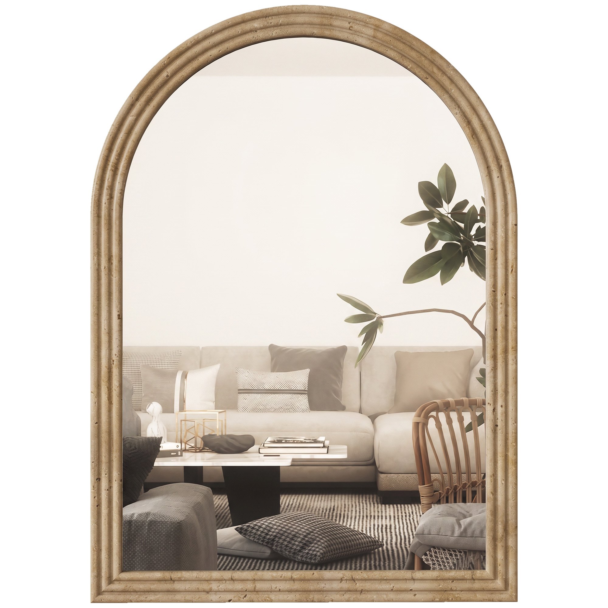 HOMCOM Modern Arched Wall Mirror with Grooved Edge - Brown