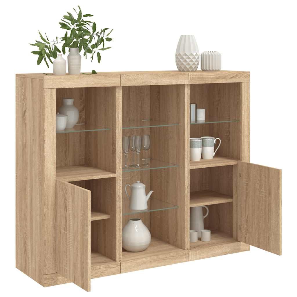 Walplus Pack of 3 LED Engineered Wood Sideboard - Sonoma Oak - 123 x 37 x 100 cm
