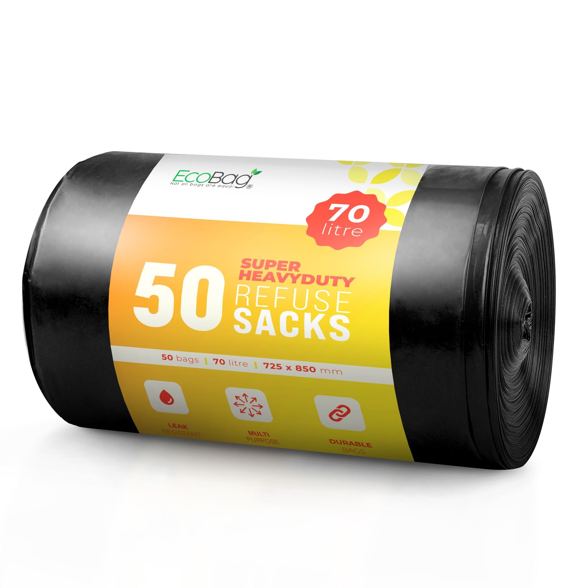 EcoBag Black 70L 35 Micron Super Heavy Duty Bin Bags - Pack of 50