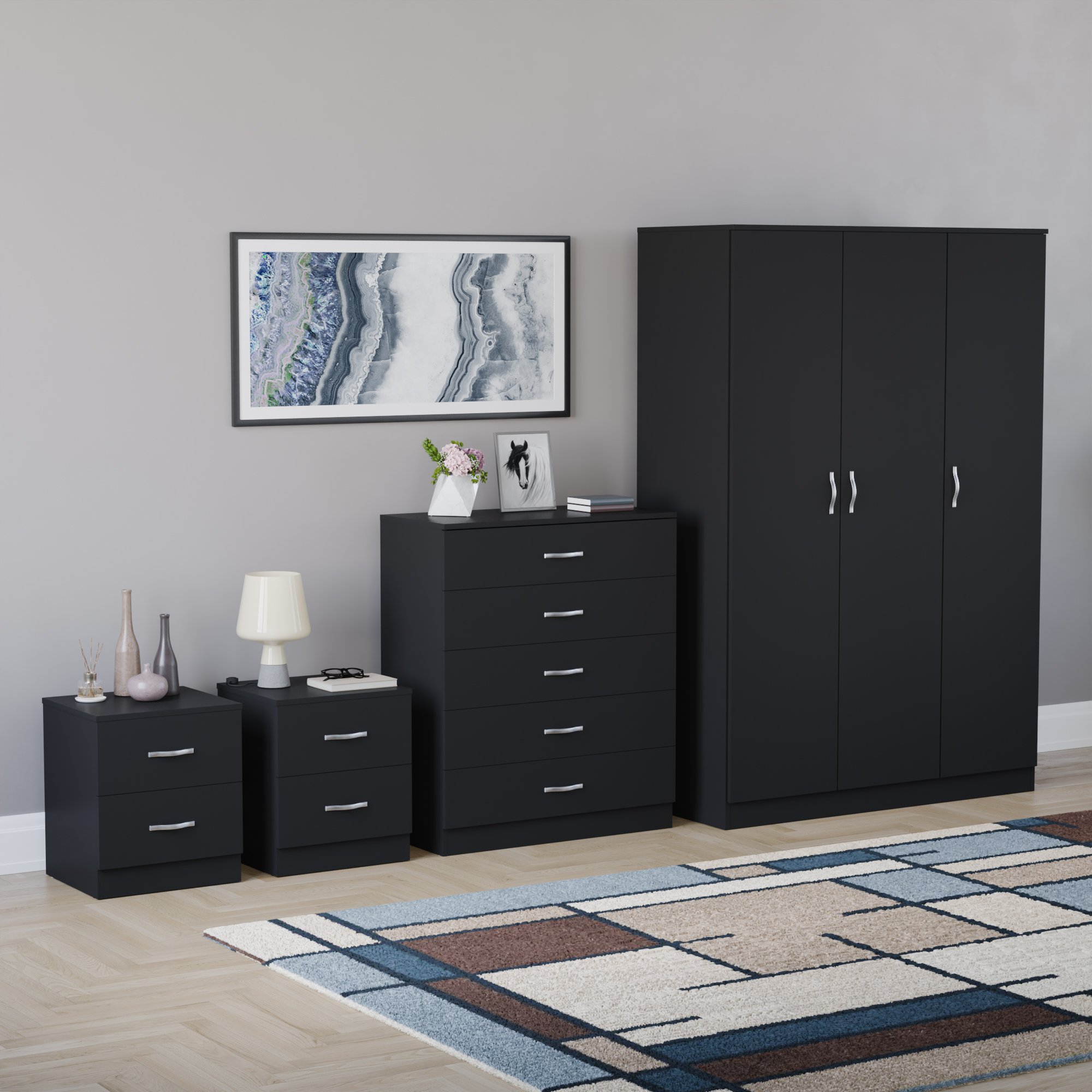 Vida Designs Riano Bedroom Set (Bedsides, 5 Drawer Chest, 3 Door Wardrobe)-Black