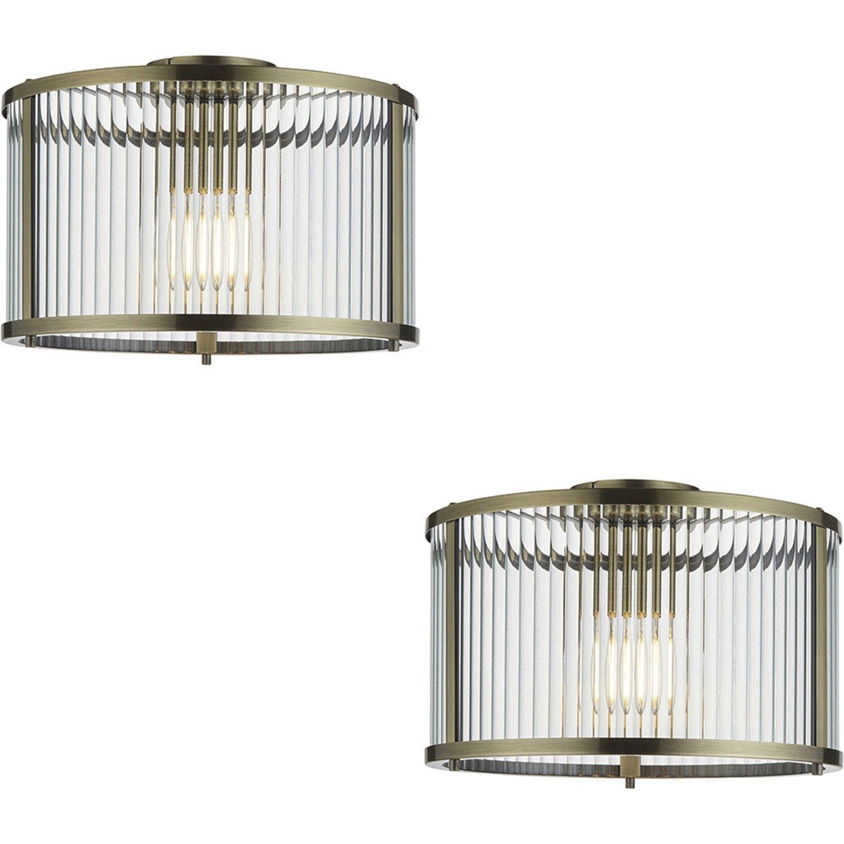 Loops Direct Set of 2 Semi Flush Ceiling Light - Antique Brass and Clear