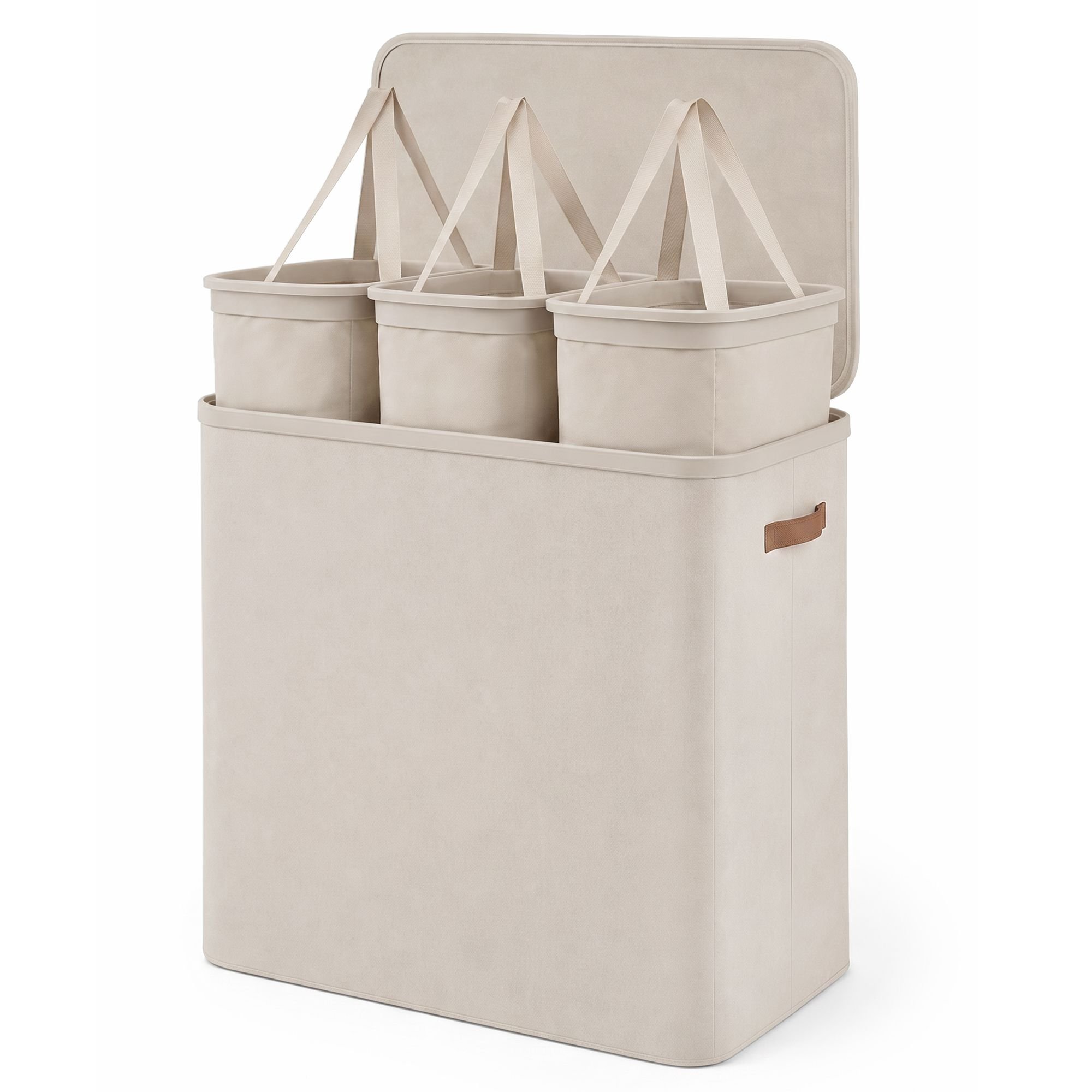Keplin 170L Collapsible Fabric Lidded Triple Laundry Basket - Beige