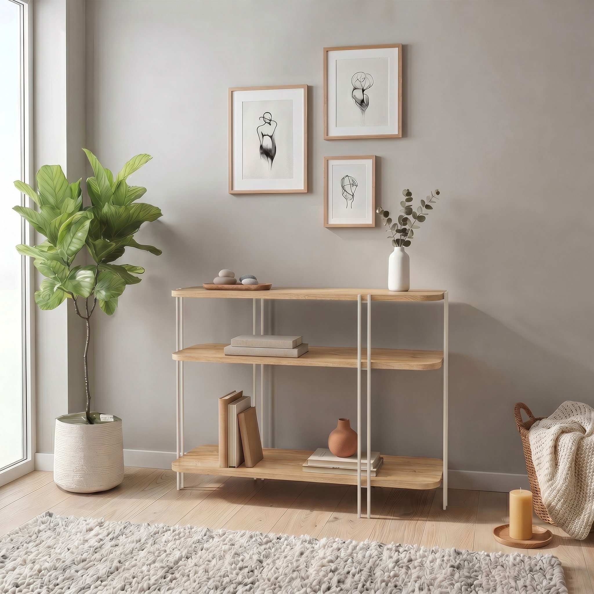 Decortie Wooden Shelves Console Table 3 Tier - Oak
