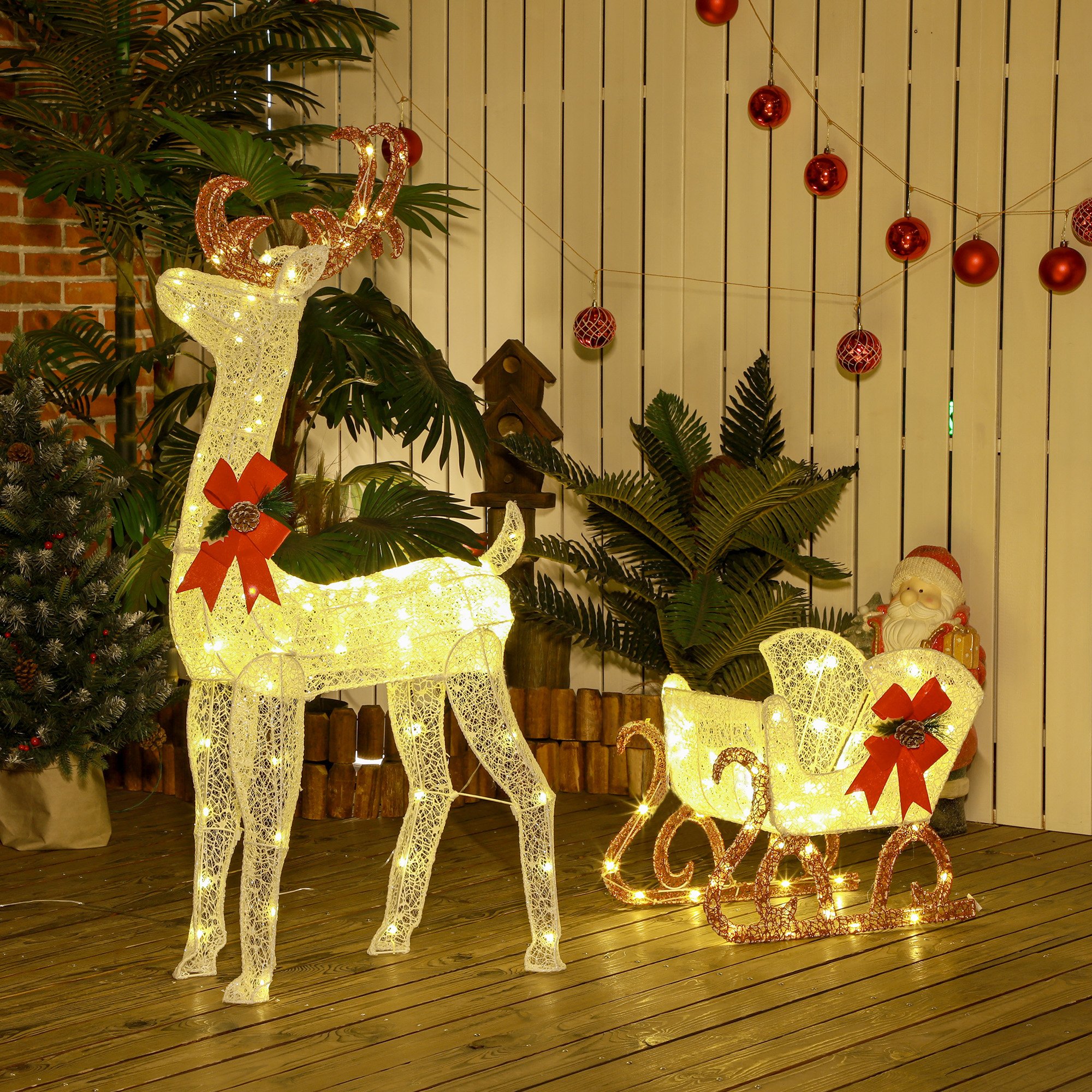 Outsunny Light Up Reindeer and Sleigh Christmas Decoration Outdoor - White