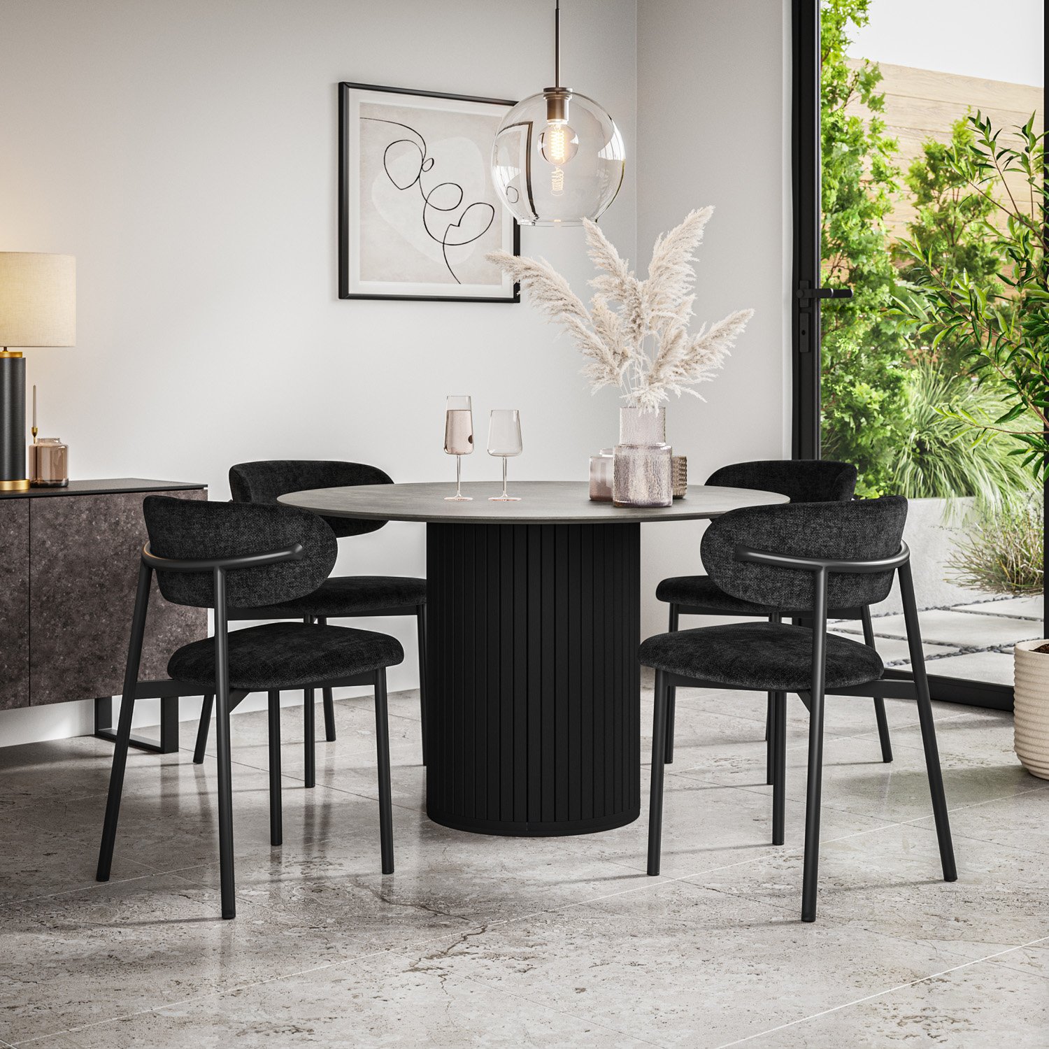 Furniture Online Arlo Myla Concrete Top w Blk Legs Dining Table & 4 Black Chairs