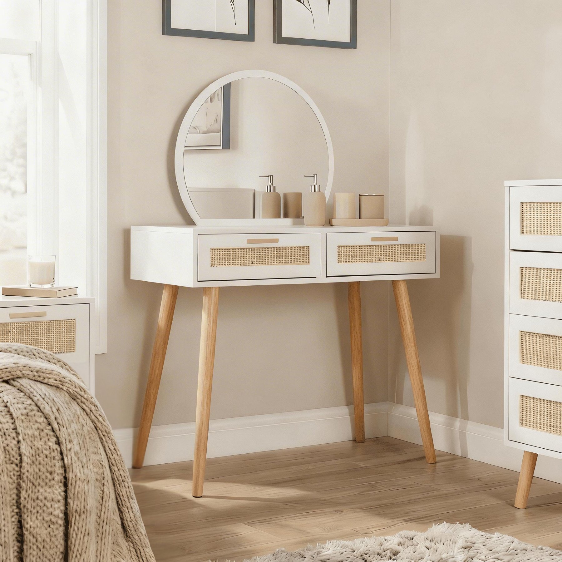 Home Source Astbury Rattan 2 Drawer Dressing Table with Circular Mirror - White