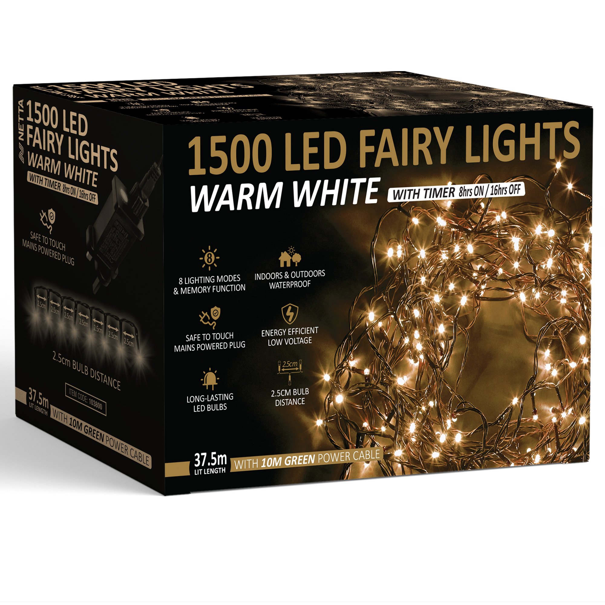NETTA 1500 LED 37.5m Christmas Fairy String Lights with Timer - Warm White