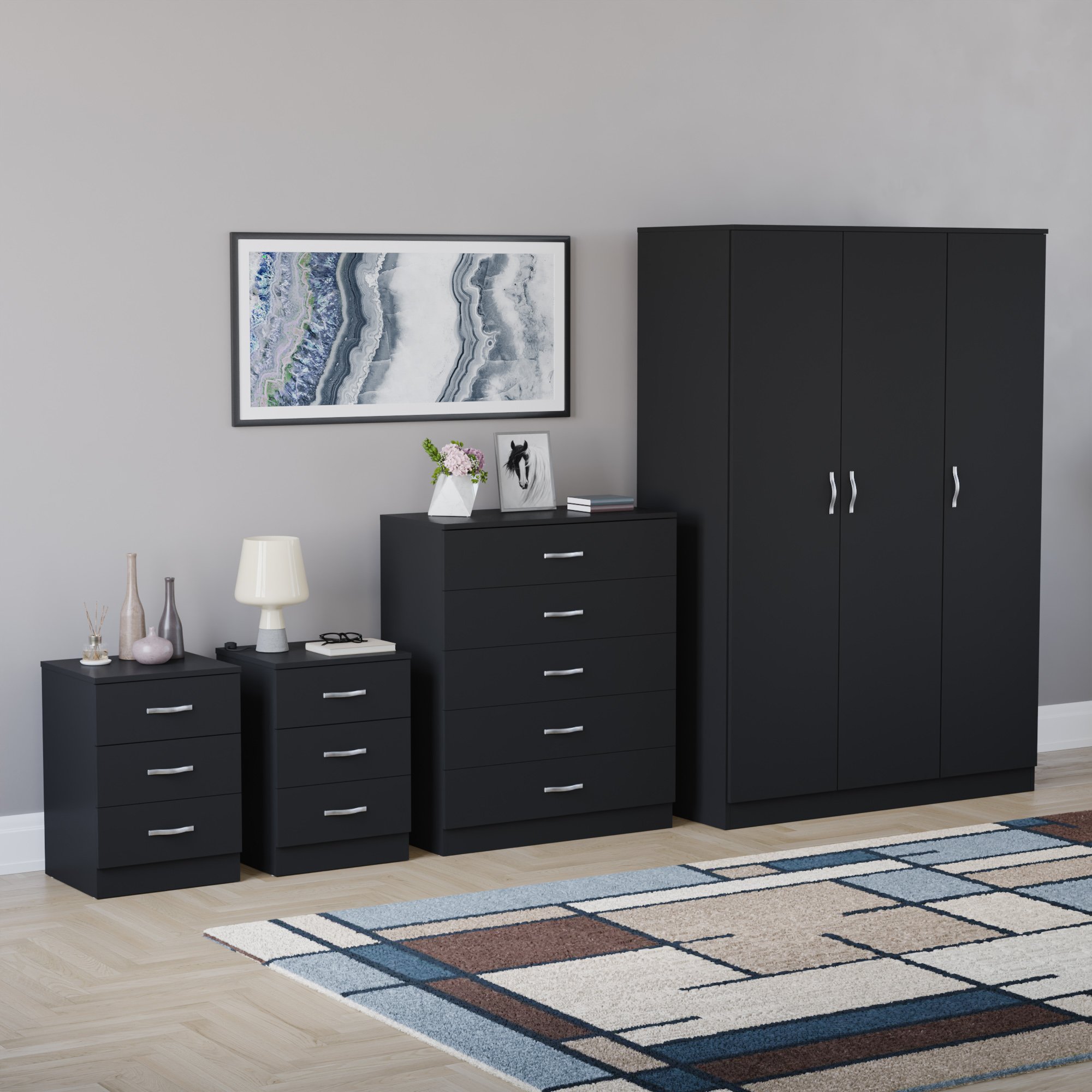 Vida Designs Riano Bedroom Set (Bedsides, 5 Drawer Chest, 3 Door Wardrobe)-Black