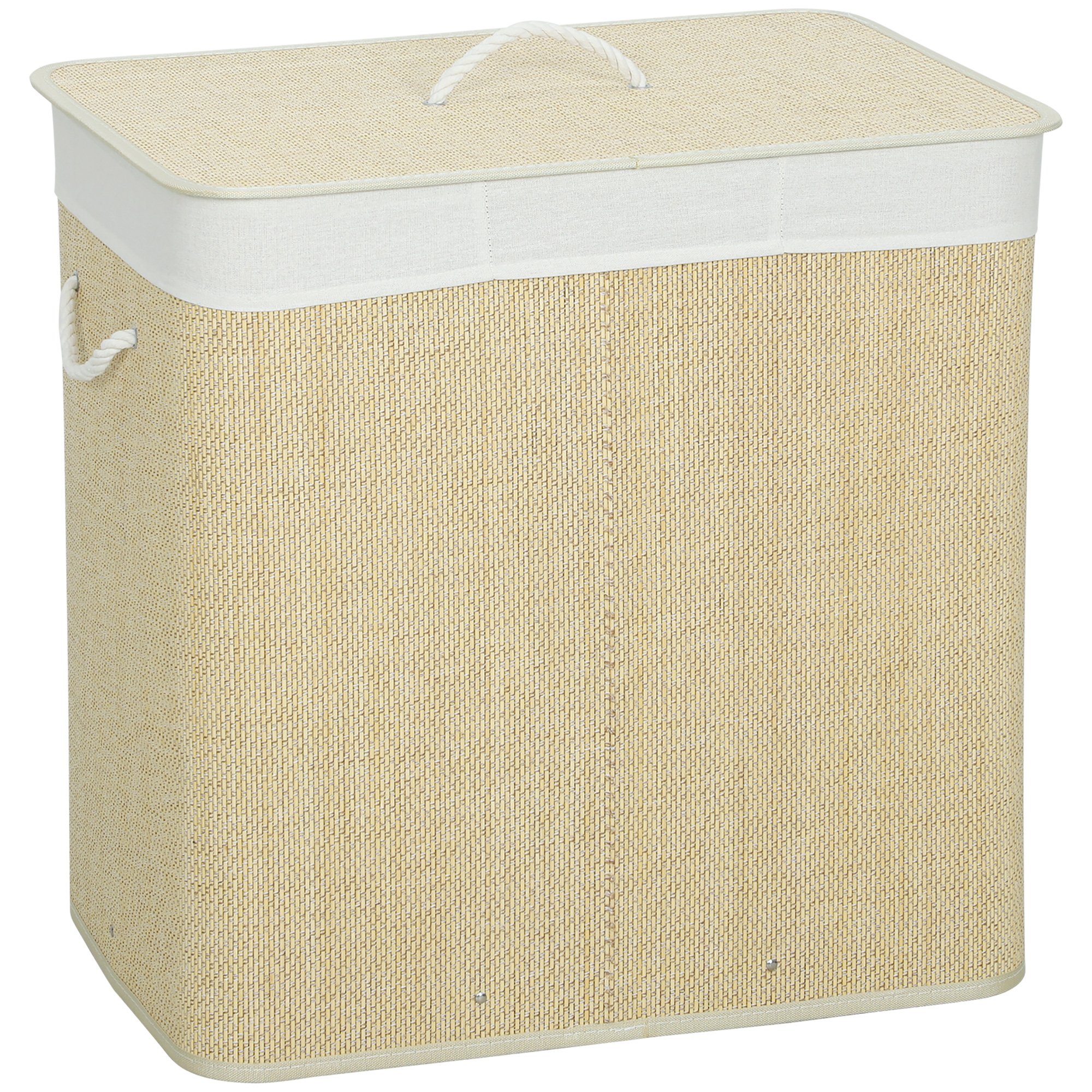 HOMCOM 3 Section Bamboo Laundry Basket with Lid and Washable Liner - Cream White