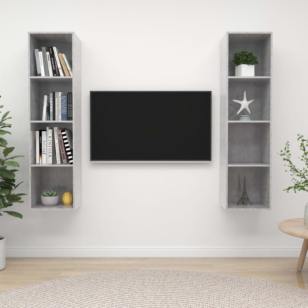 Walplus Pack of 2 Wall Mounted TV Cabinet - Stone Grey - 37 x 37 x 142.5 cm