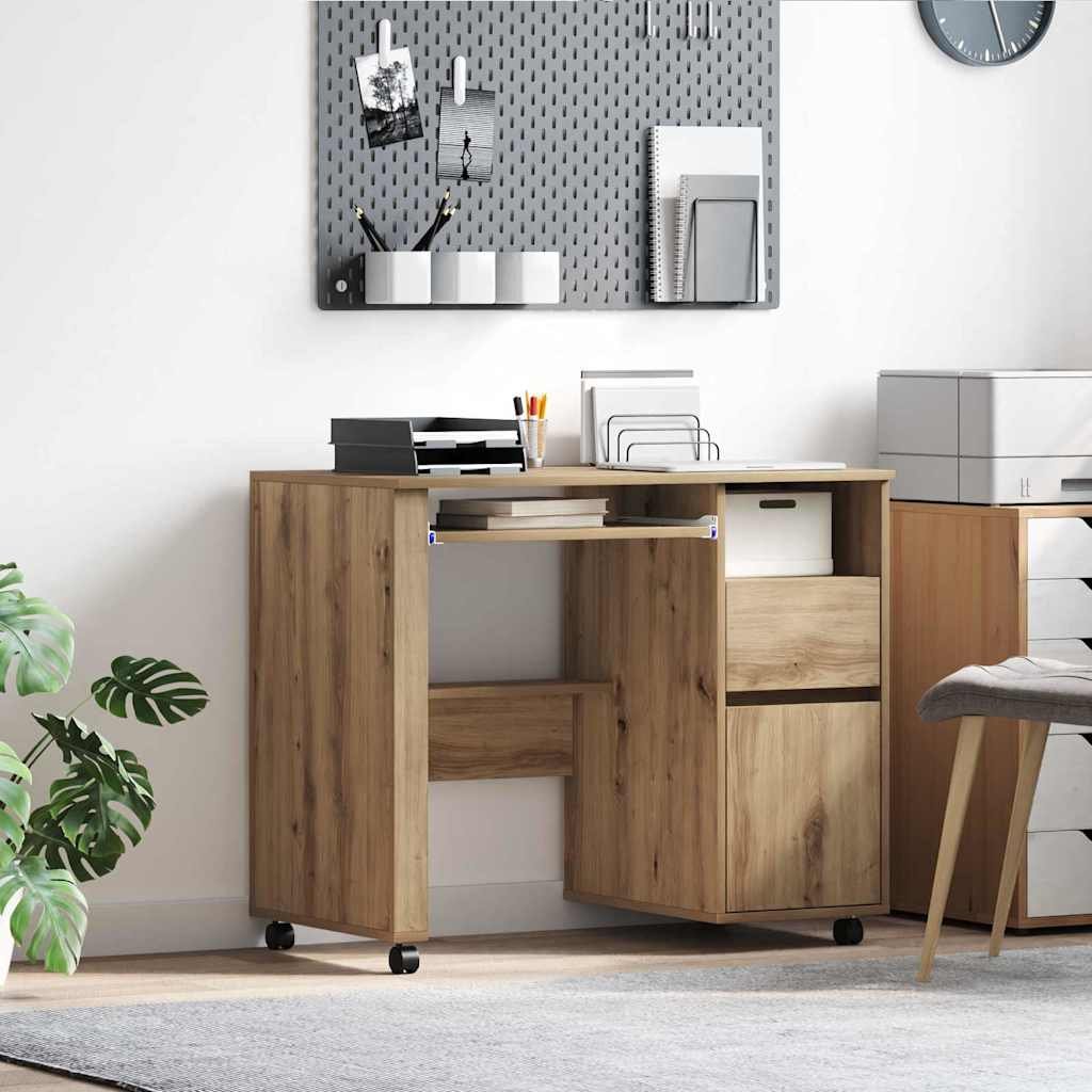 Walplus Wheels Engineered Wood Desk - Oak - 91 x 50 x 77 cm