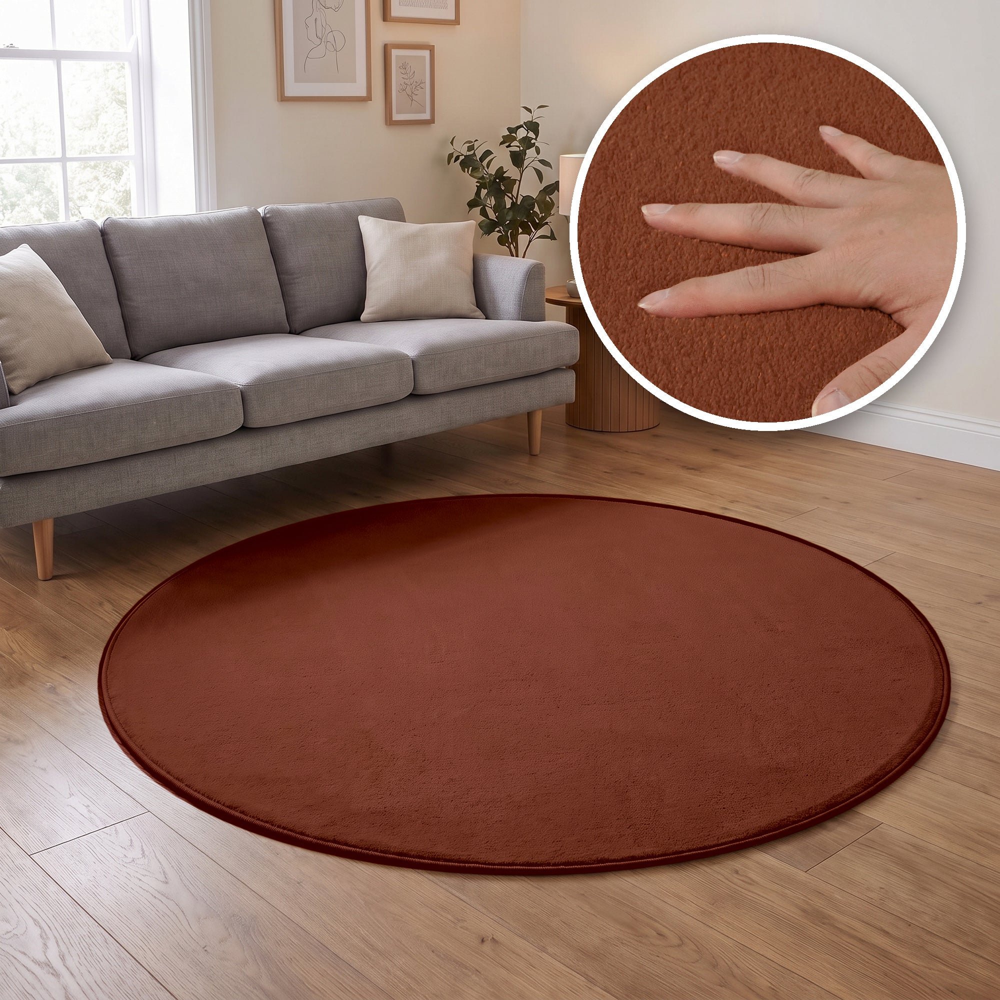 The Rugs Terracotta Washmellow Plain Washable Non Slip Round Rug - 80cm