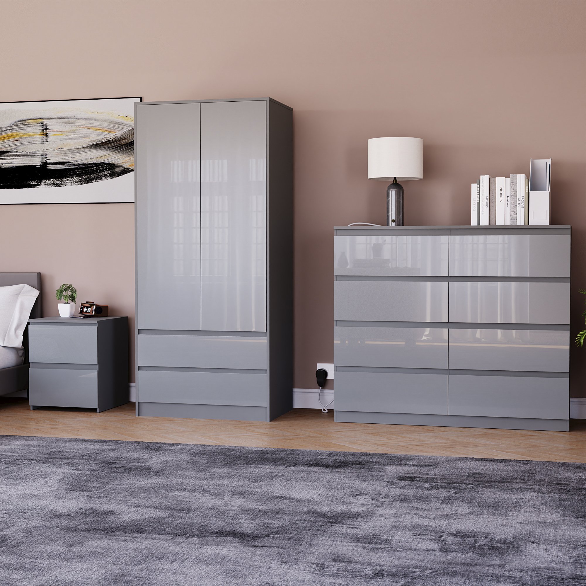 Vida Designs Glinton Bedroom Set (Bedside, 8 Drawer Chest, 2x2 Wardrobe) - Grey