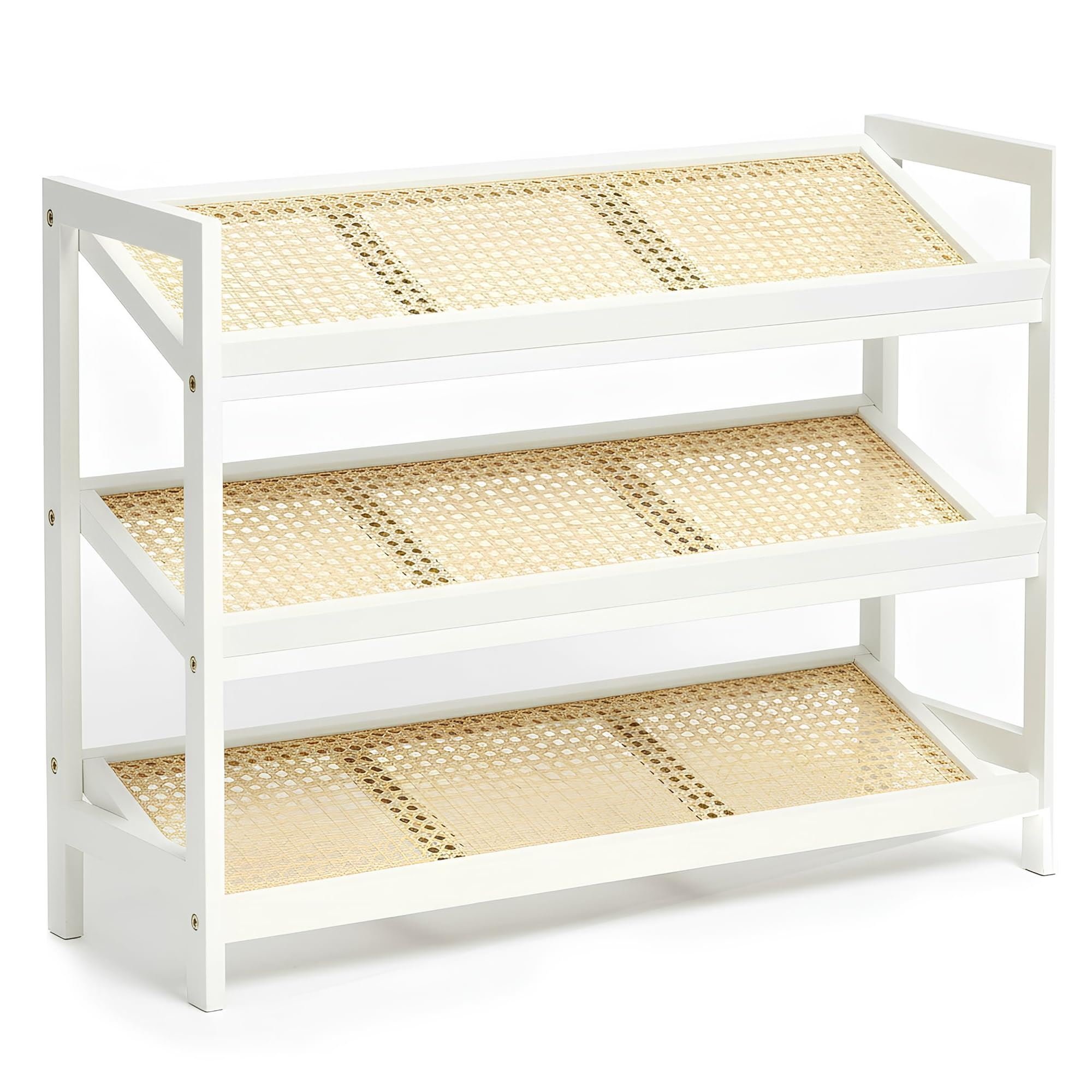 Keplin 3 Tier Bamboo & Rattan Shoe Rack - White & Natural